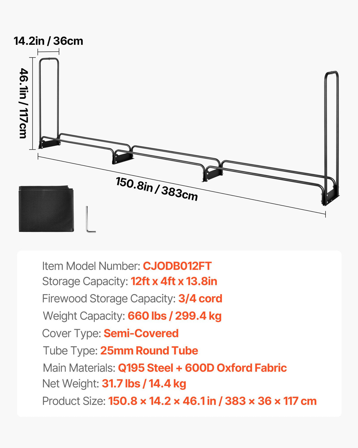 VEVOR Firewood Rack with Waterproof Cover, 383 x 36 x 117 cm Outdoor Firewood Holder, 660lb Weight Capacity, 1/2 Cord Log Holder, Half-Covered, Powder-coated Wood Storage Rack for Fireplace Deck