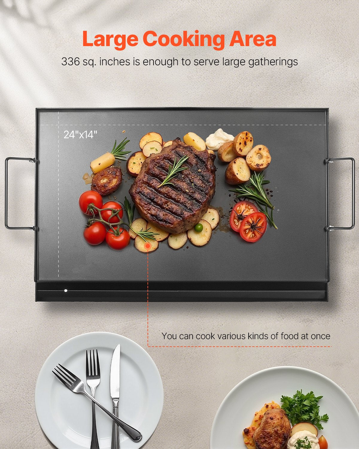 VEVOR Carbon Steel Griddle, 24x16 inch Universal Flat Top Rectangular Plate, Gas Grill Griddle for BBQ Grill, Teppanyaki, Portable Family Cookware with Handle, for Camping Tailgating Party