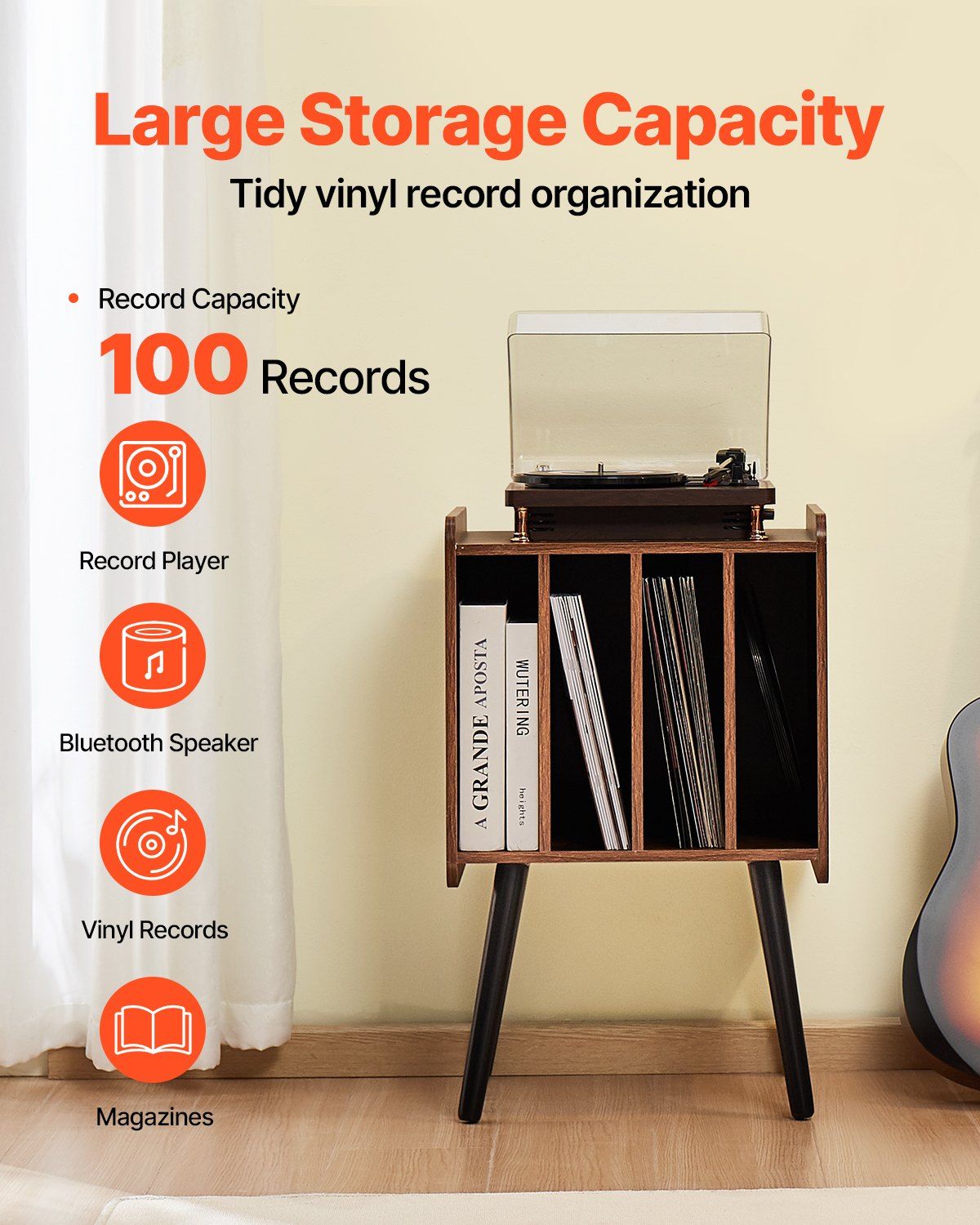 Record Player Stand, 2 Tiers Turntable Stand with 4 Cabinets, Holds up to 100 Albums, Wooden Vinyl Record Storage Cabinet with Display Shelf for Bedroom, Living Room, Brown