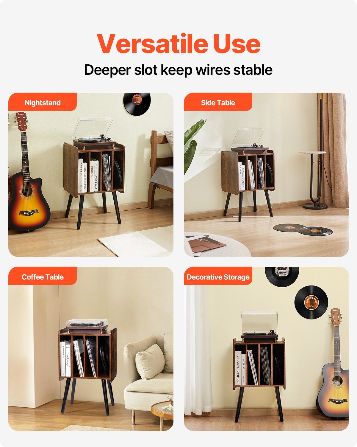 Record Player Stand, 2 Tiers Turntable Stand with 4 Cabinets, Holds up to 100 Albums, Wooden Vinyl Record Storage Cabinet with Display Shelf for Bedroom, Living Room, Brown