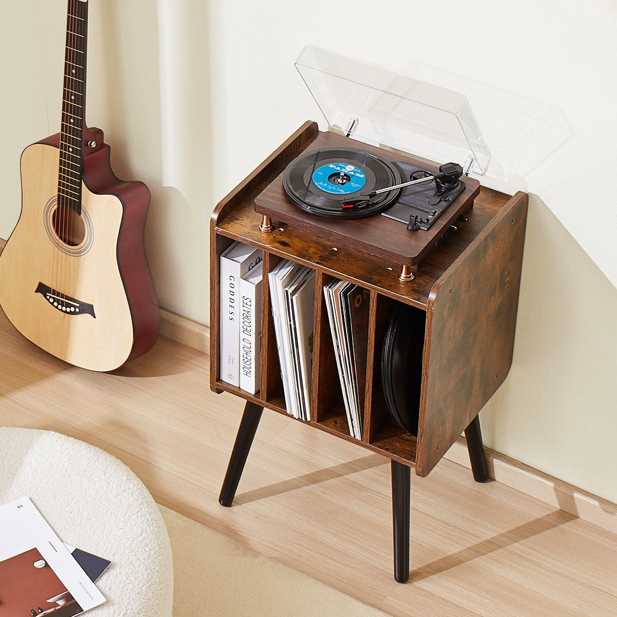 Record Player Stand, 2 Tiers Turntable Stand with 4 Cabinets, Holds up to 100 Albums, Wooden Vinyl Record Storage Cabinet with Display Shelf for Bedroom, Living Room, Brown