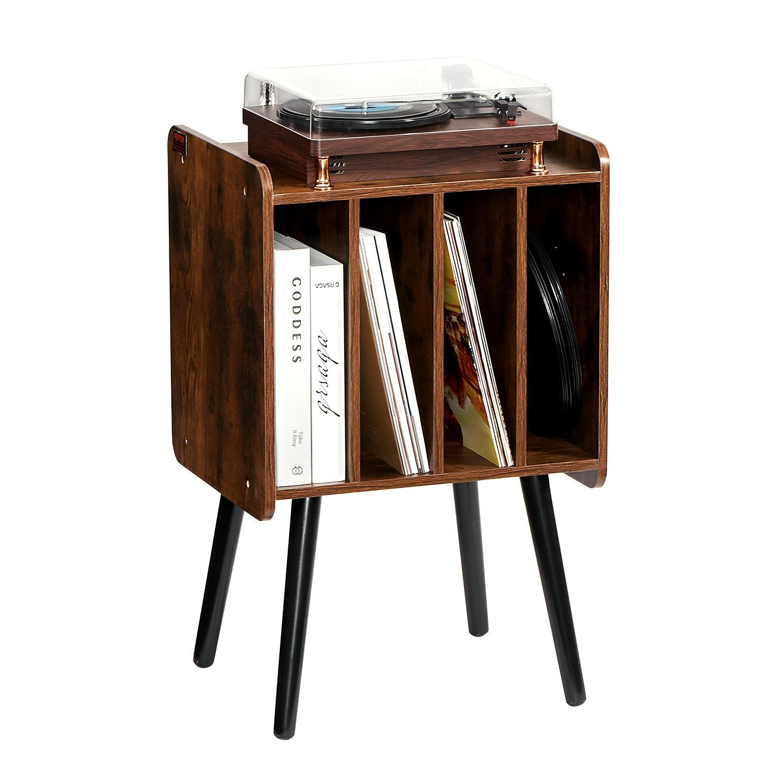 Record Player Stand, 2 Tiers Turntable Stand with 4 Cabinets, Holds up to 100 Albums, Wooden Vinyl Record Storage Cabinet with Display Shelf for Bedroom, Living Room, Brown