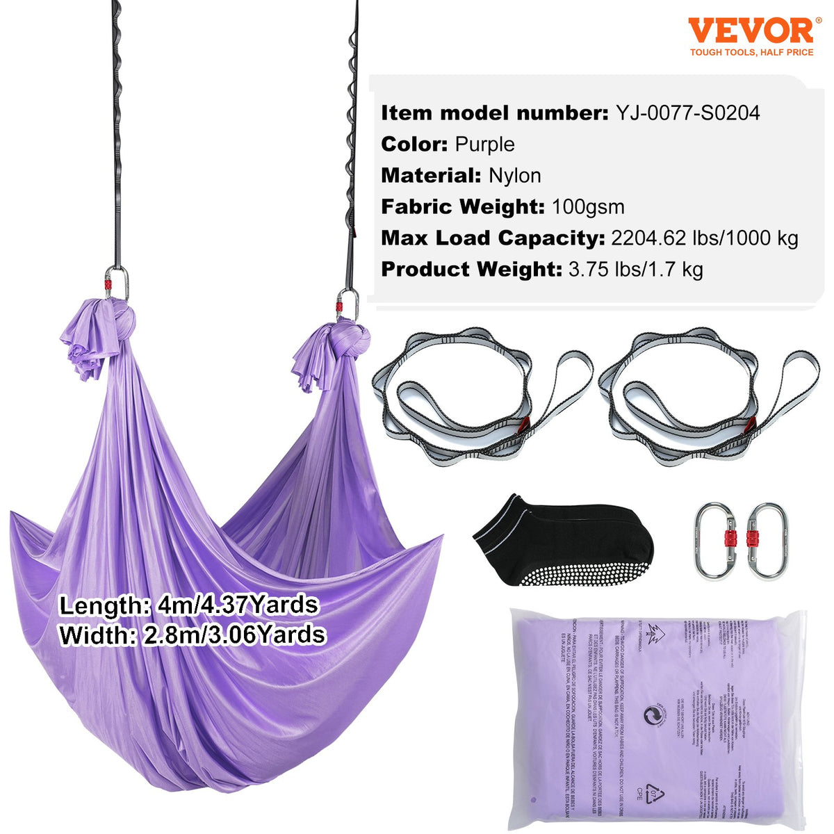 VEVOR Aerial Yoga Hammock & Swing, 4 m Length, Yoga Starter Kit with 100gsm Nylon Fabric, Full Rigging Hardware and Easy Set-up Guide, Antigravity Flying for All Levels Fitness Bodybuilding, Purple