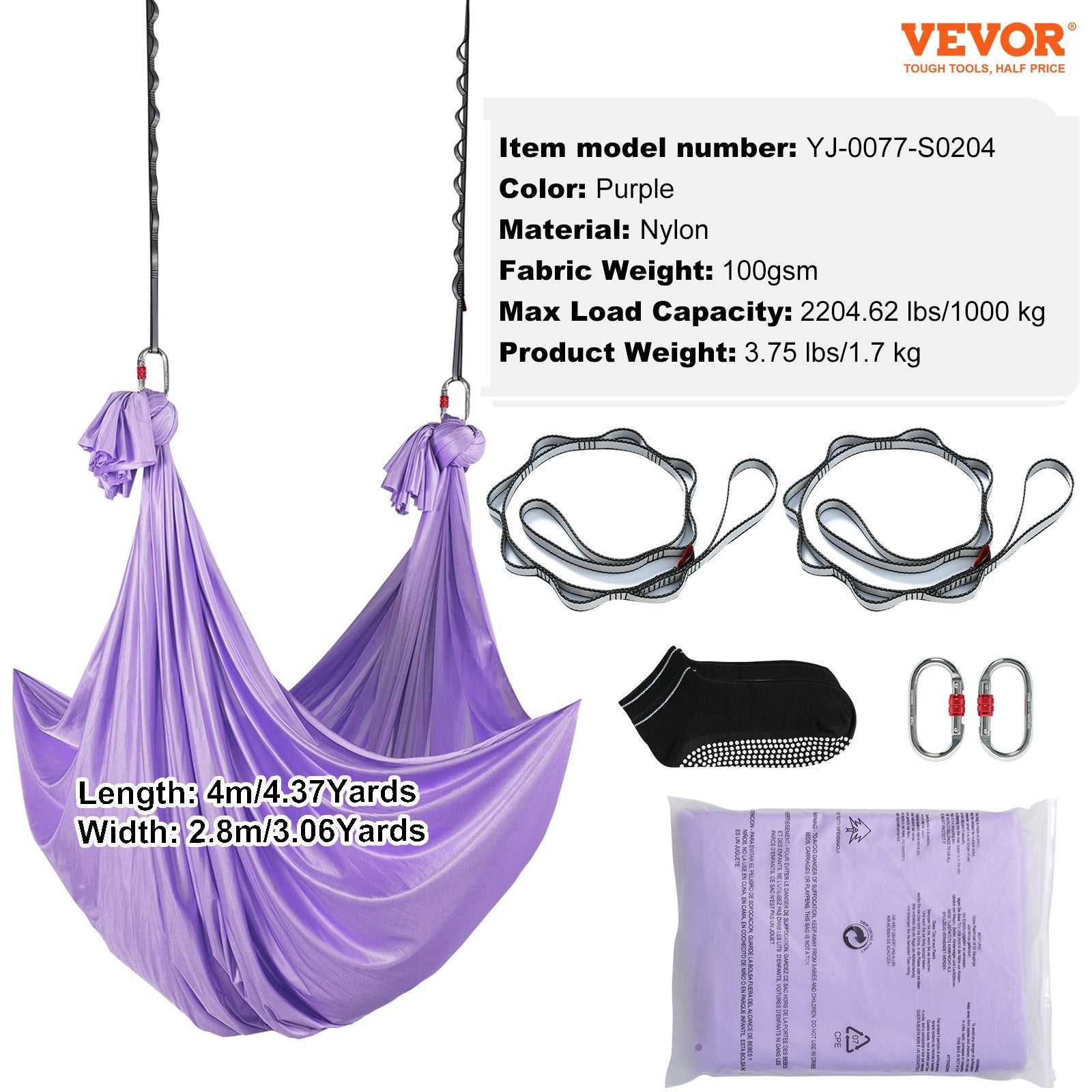 VEVOR Aerial Yoga Hammock & Swing, 4 m Length, Yoga Starter Kit with 100gsm Nylon Fabric, Full Rigging Hardware and Easy Set-up Guide, Antigravity Flying for All Levels Fitness Bodybuilding, Purple