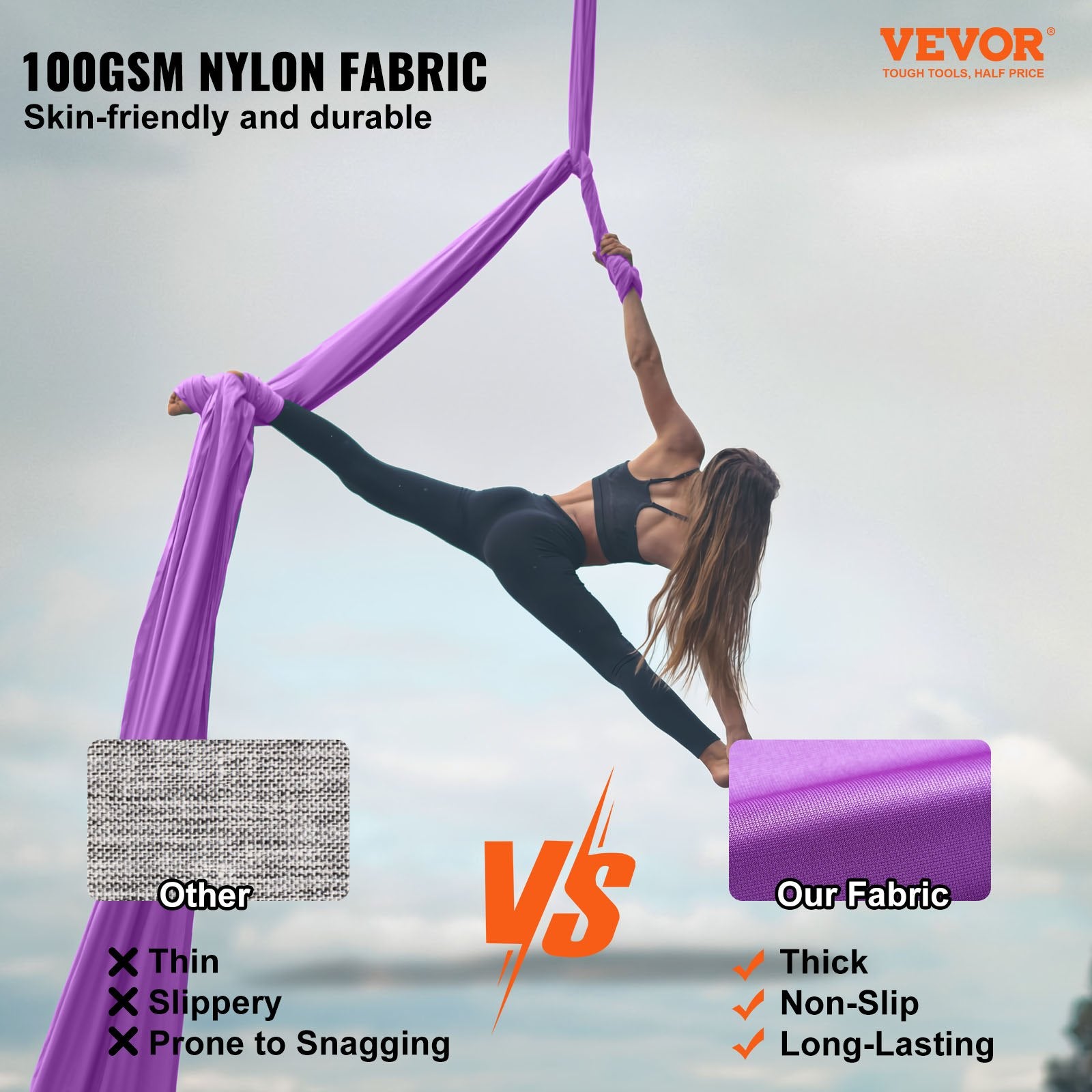 VEVOR Aerial Silk & Yoga Swing, 8 m Length, Aerial Yoga Hammock Kit with 100gsm Nylon Fabric, Full Rigging Hardware & Easy Set-up Guide, Antigravity Flying for All Levels Fitness Bodybuilding, Purple