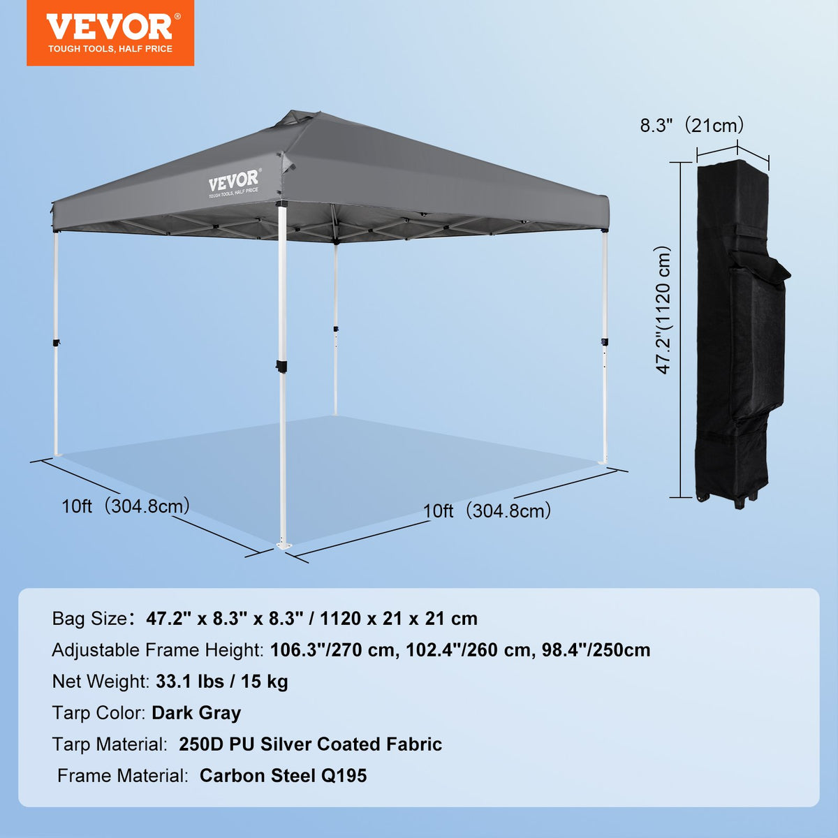 VEVOR Pop Up Canopy Tent, 10 x 10 ft, 250 D PU Silver Coated Tarp, with Portable Roller Bag and 4 Sandbags, Waterproof and Sun Shelter Gazebo for Outdoor Party, Camping, Commercial Events, Dark Gray