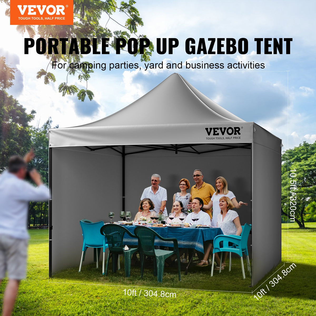 VEVOR  304.8 x 304.8 cm Pop up Canopy with Removable Sidewalls, Instant Canopies Portable Gazebo & Wheeled Bag, UV Resistant Waterproof, Enclosed Canopy Tent for Outdoor Events, Patio, Backyard, Party