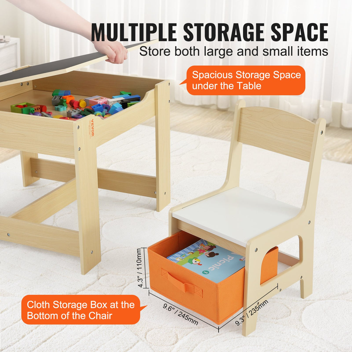VEVOR Kids Table and Chair Set Wooden Activity Table with Storage Space & Boxes