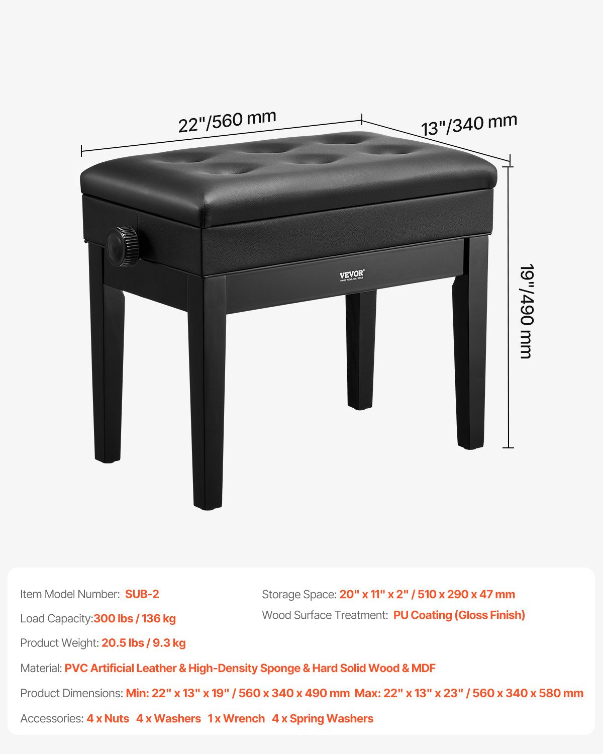 VEVOR Piano Bench, Keyboard Piano Chair with 19.3"-22.8" Adjustable Height, Padded Cushion, Storage Compartment for Music Books, Heavy Duty Wooden Piano Stool Seat, for Vanity, Living Room, Bedroom