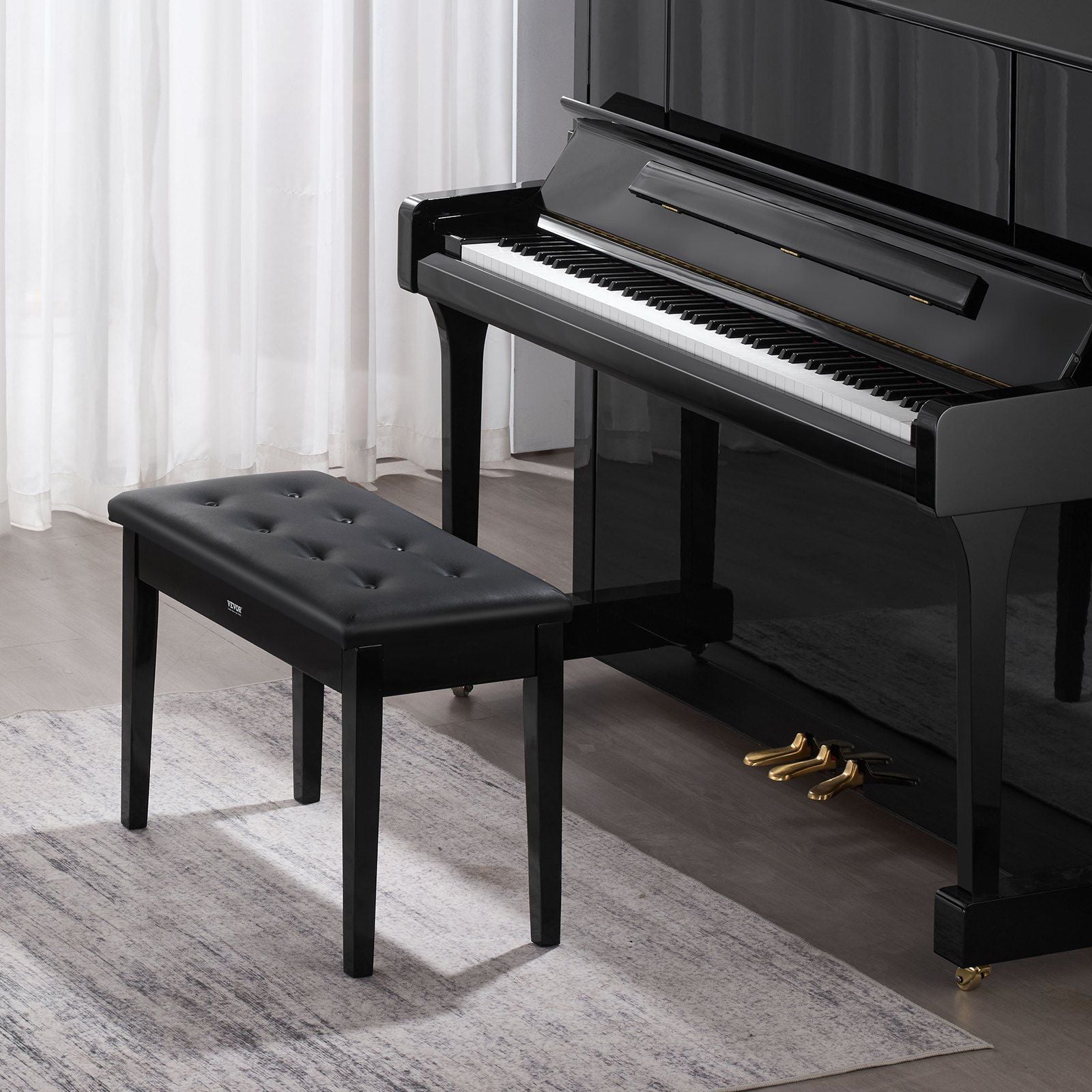 Piano Bench, 750 x 355 x 490 mm, Duet Keyboard Piano Chair with High-Density Padded Cushion, Storage Compartment for Music Books, Wooden Piano Bookcase Stool Seat, for Vanity and Living Room