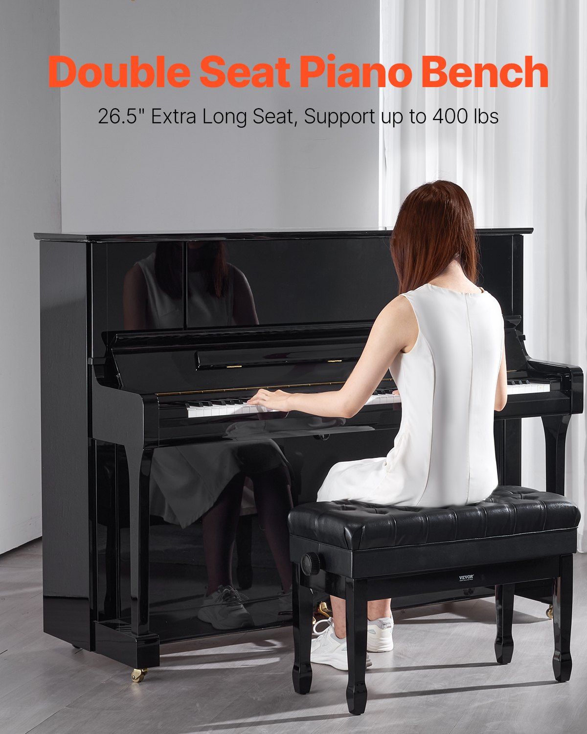 Piano Bench, Duet Keyboard Piano Chair with 20.3"-23.4” Adjustable Height, High-Density Padded Cushion, Storage Compartment for Music Books, Wooden Piano Stool Seat, for Vanity, Living Room