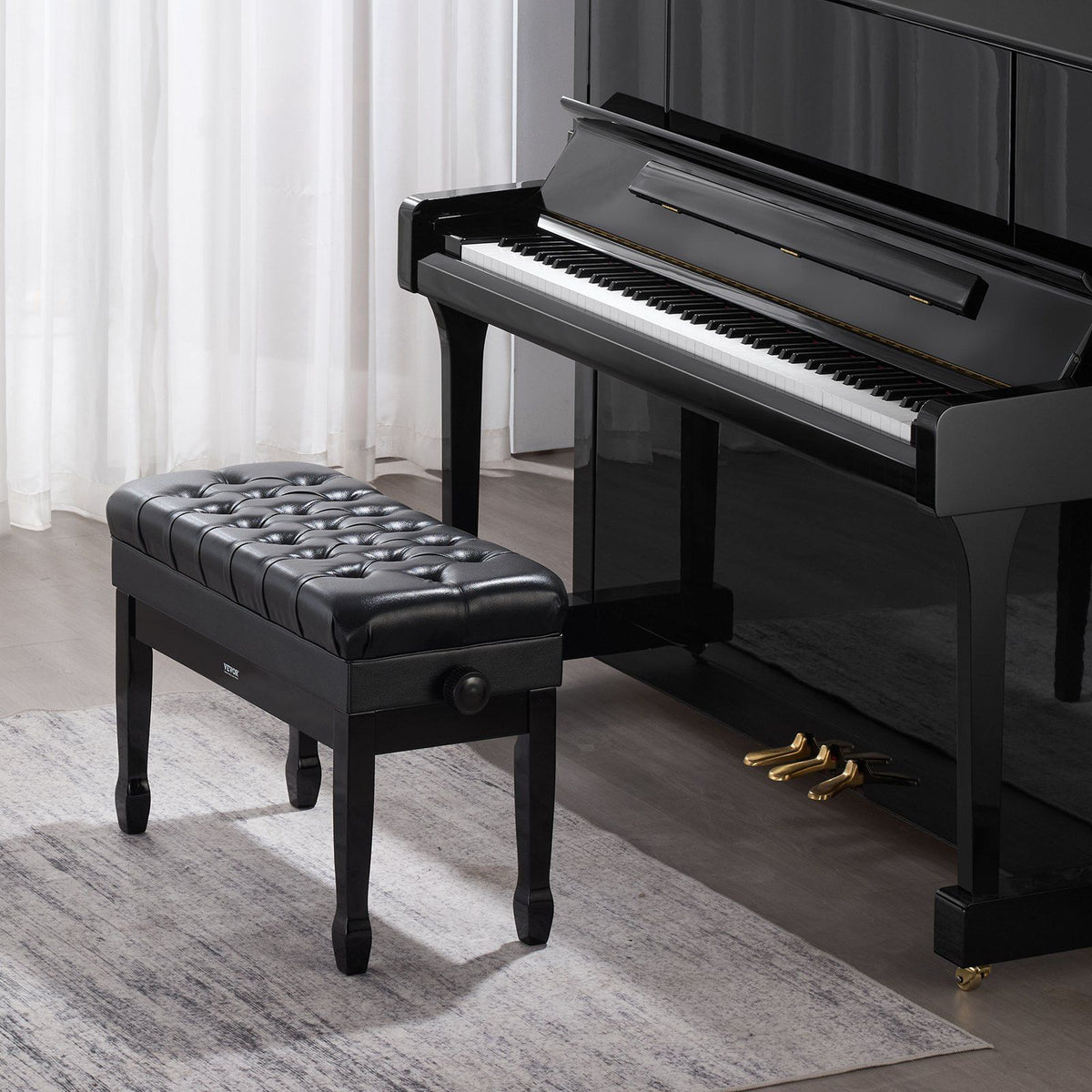 Piano Bench, Duet Keyboard Piano Chair with 20.3"-23.4” Adjustable Height, High-Density Padded Cushion, Storage Compartment for Music Books, Wooden Piano Stool Seat, for Vanity, Living Room