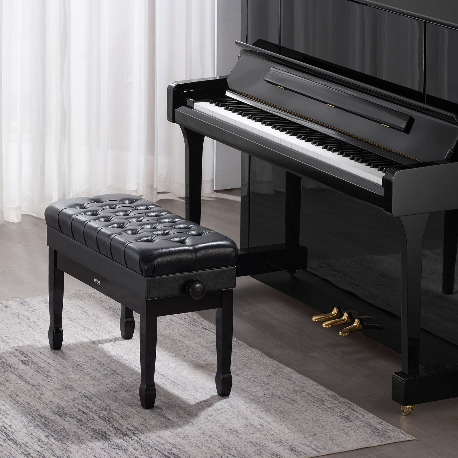 Piano Bench, Duet Keyboard Piano Chair with 20.3"-23.4” Adjustable Height, High-Density Padded Cushion, Storage Compartment for Music Books, Wooden Piano Stool Seat, for Vanity, Living Room