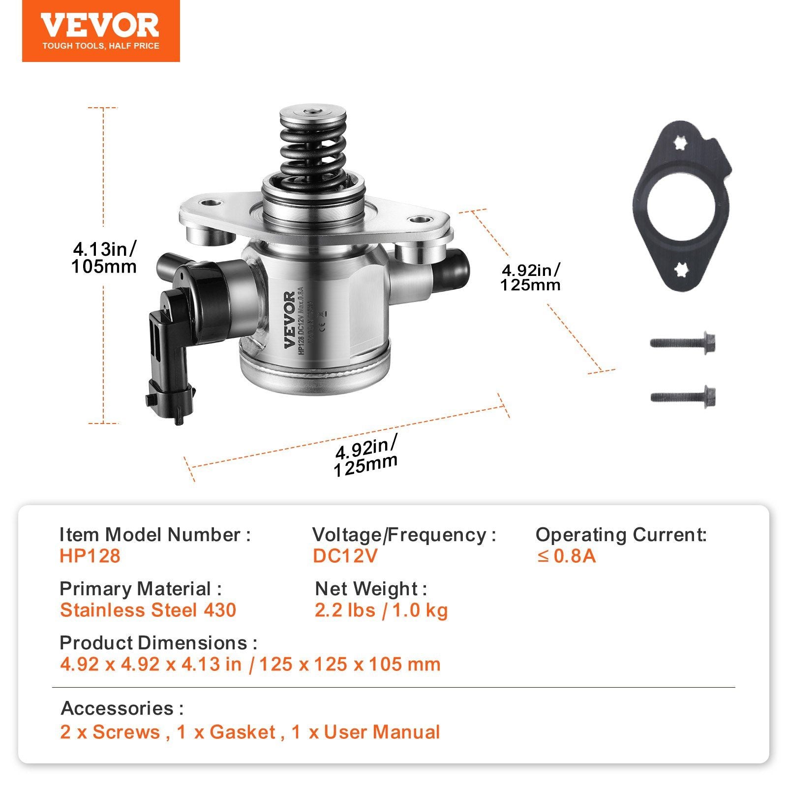 High Pressure Fuel Pump with Gasket and Bolts, Compatible with Buick LaCrosse, Regal, Verano, Chevrolet Captiva Sport, Equinox, Impala, Malibu, GMC Terrain 2010-2017 L4 2.4L, Stainless Steel