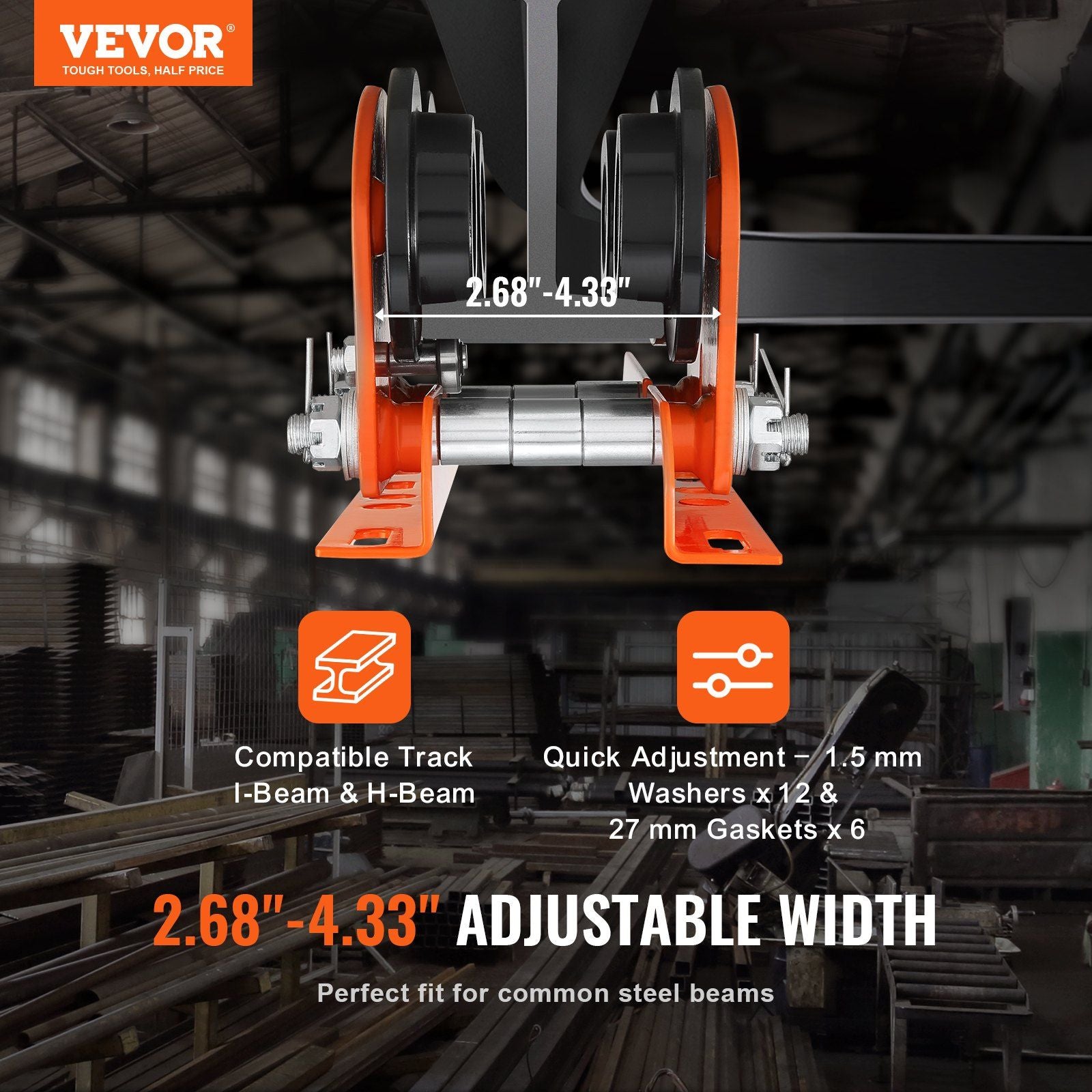 Electric Hoist Manual Trolley, 1 Ton Load Capacity for PA200 PA250 PA300 PA400 PA500, Push Beam Trolley with Dual Wheels, 68 mm-110 mm Adjustable Beam Flange Width for Straight Curved I Beam