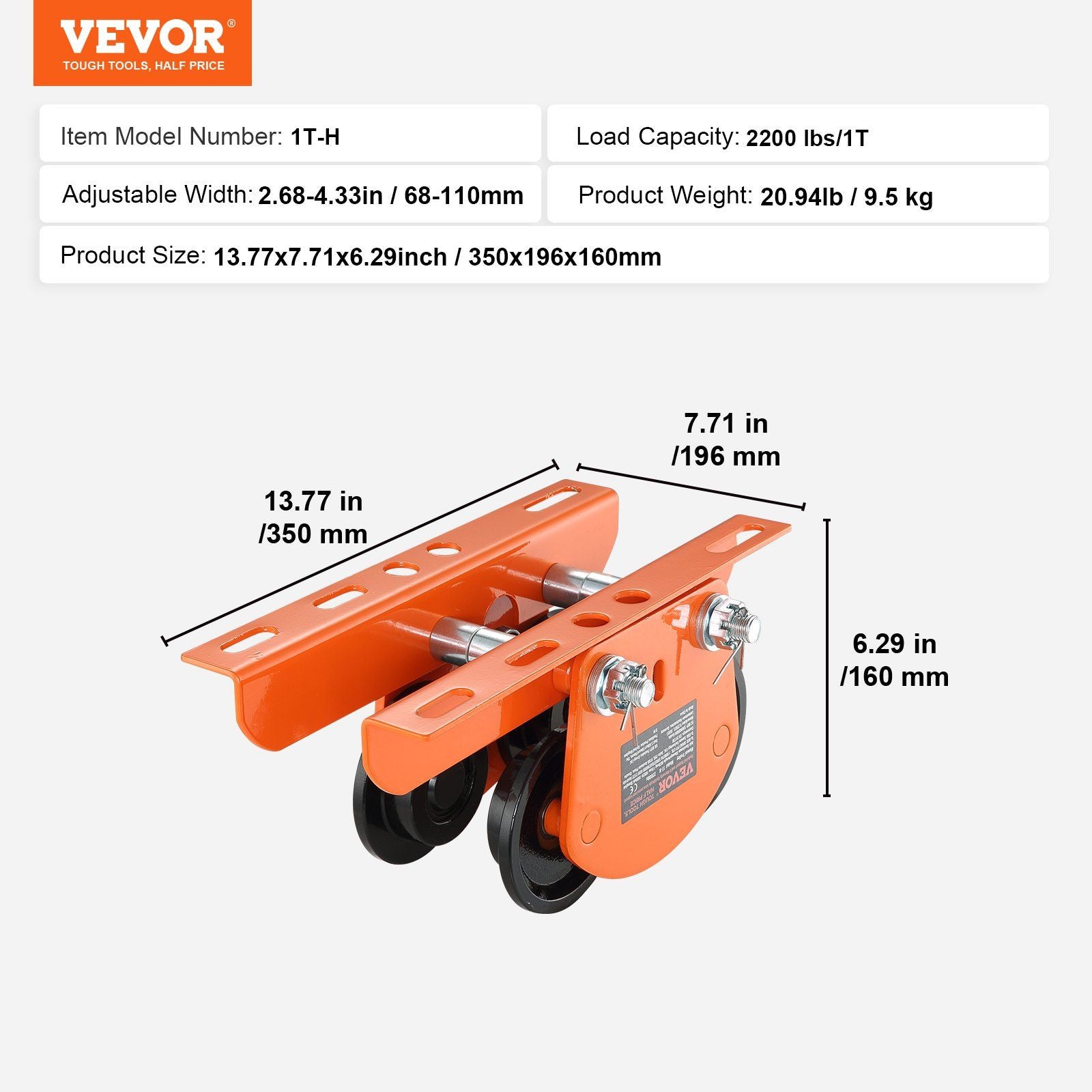 Electric Hoist Manual Trolley, 1 Ton Load Capacity for PA200 PA250 PA300 PA400 PA500, Push Beam Trolley with Dual Wheels, 68 mm-110 mm Adjustable Beam Flange Width for Straight Curved I Beam