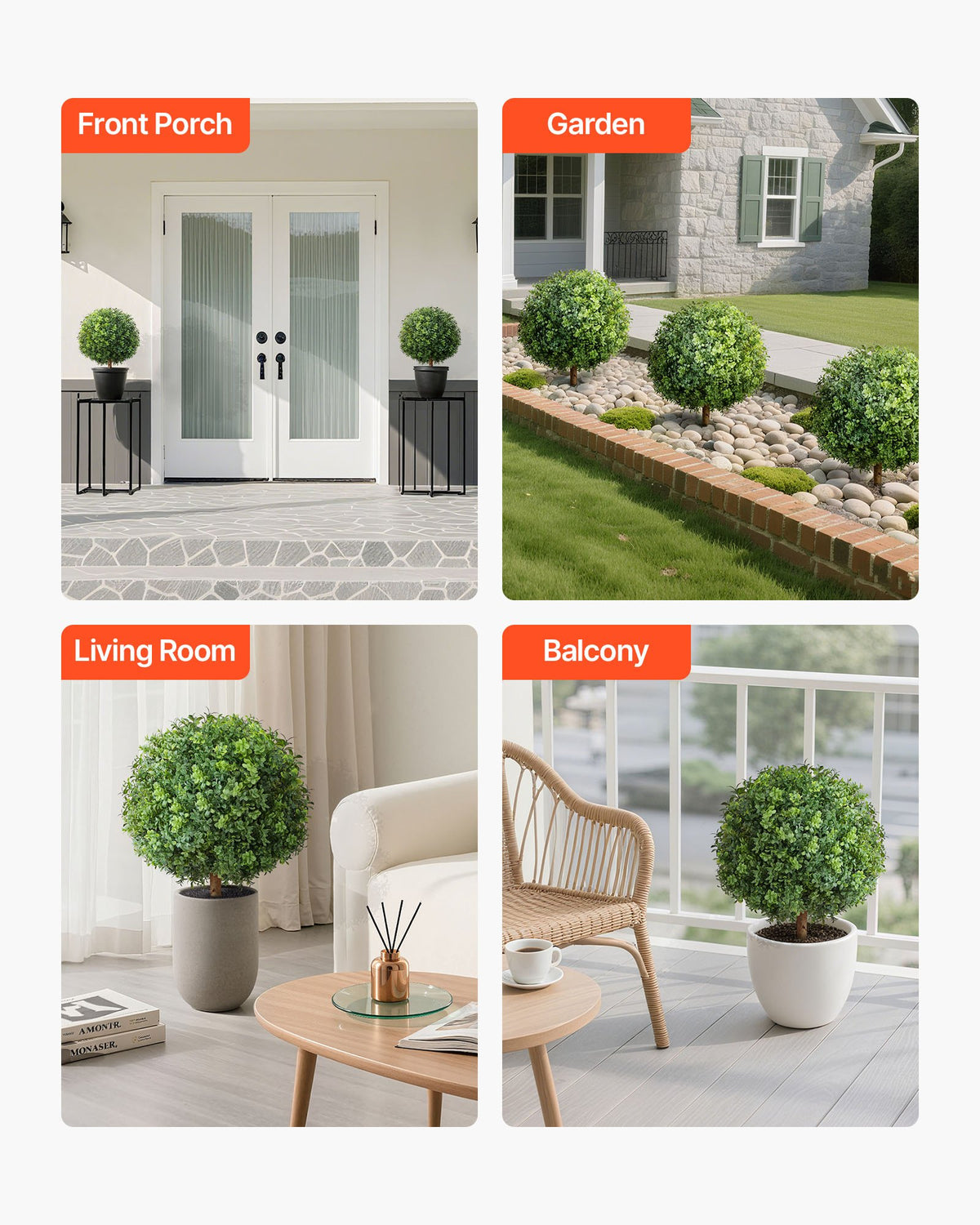 VEVOR Artificial Topiary Boxwood Trees with Ground Spike, 2 Set 559mm Faux Shrubs & Bushes Potted Plants, Fake Silk Tree Look Real for Decor Front Porch Outdoor Indoor Patio Garden Balcony Backyard