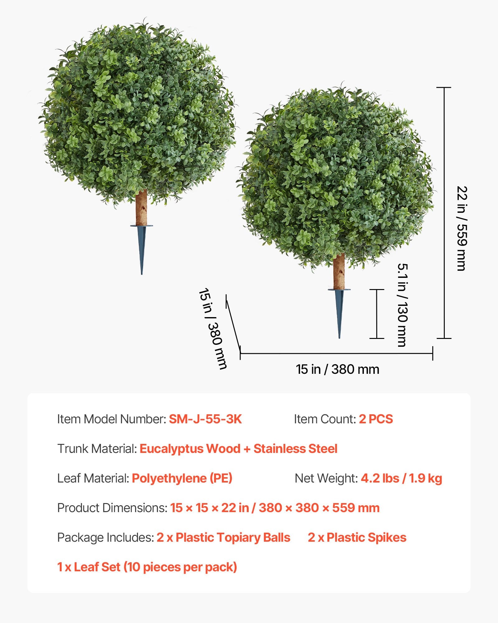 VEVOR Artificial Topiary Boxwood Trees with Ground Spike, 2 Set 559mm Faux Shrubs & Bushes Potted Plants, Fake Silk Tree Look Real for Decor Front Porch Outdoor Indoor Patio Garden Balcony Backyard