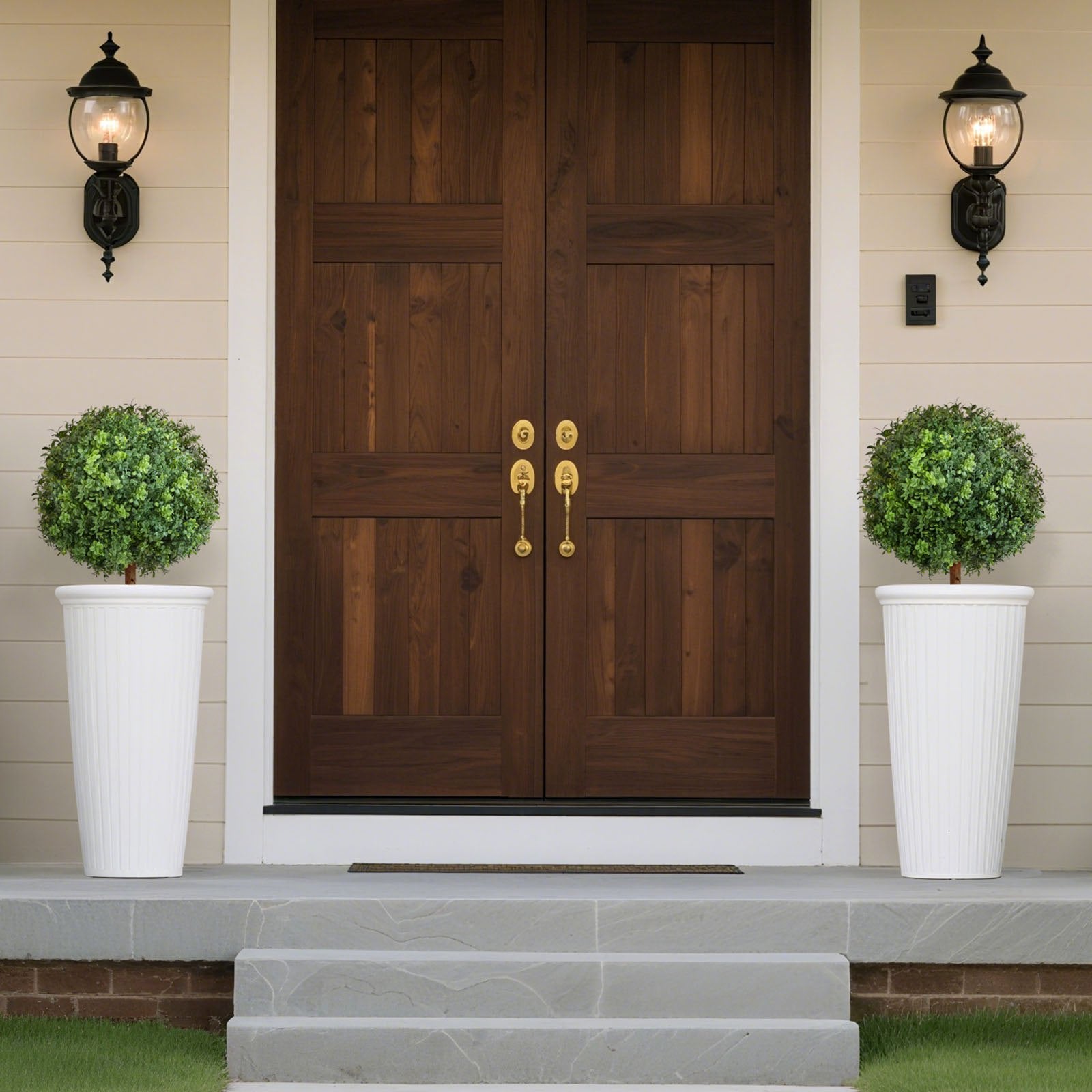 VEVOR Artificial Topiary Boxwood Trees with Ground Spike, 2 Set 559mm Faux Shrubs & Bushes Potted Plants, Fake Silk Tree Look Real for Decor Front Porch Outdoor Indoor Patio Garden Balcony Backyard