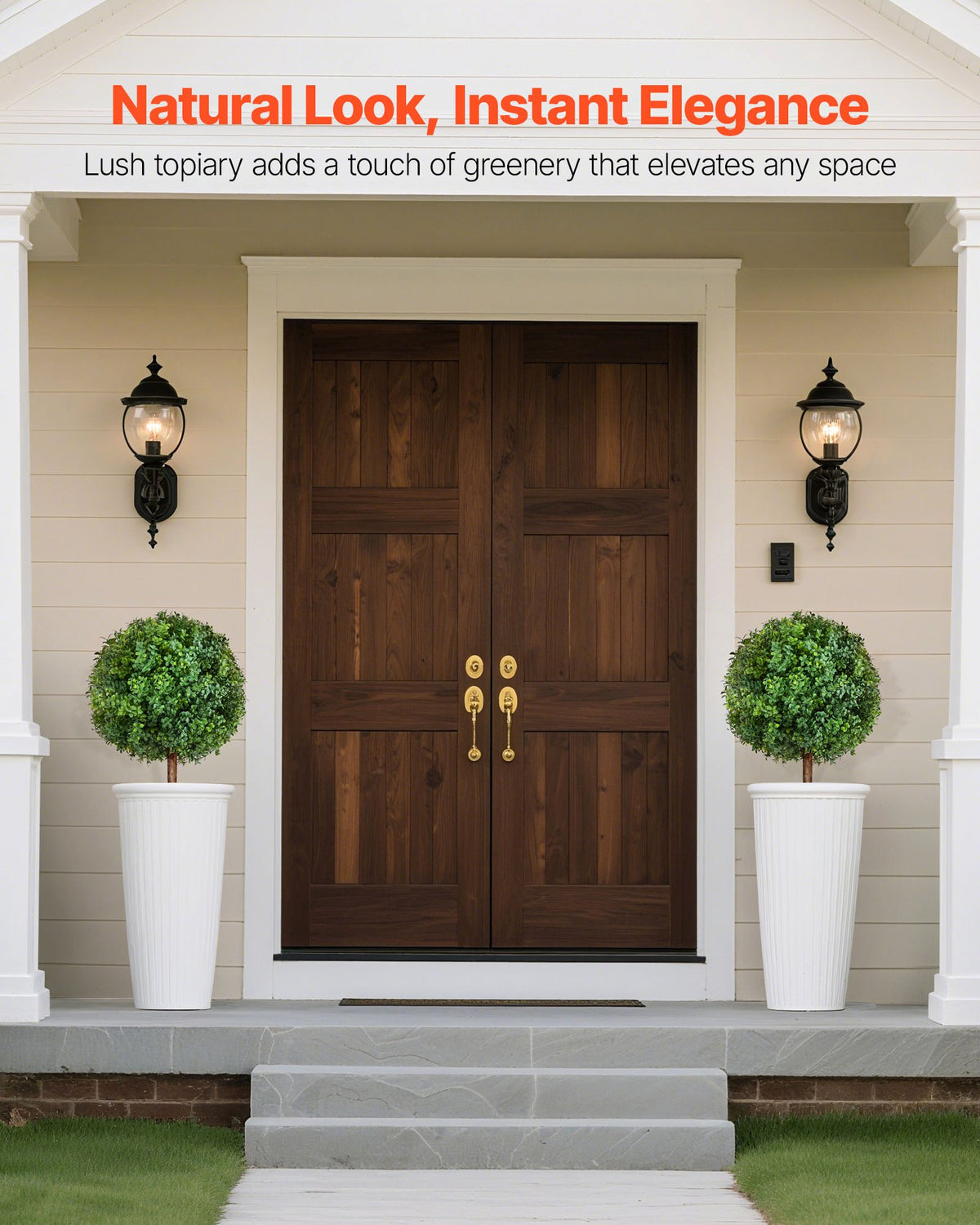 VEVOR Artificial Topiary Boxwood Trees with Ground Spike, 2 Set 686mm Faux Shrubs & Bushes Potted Plants, Fake Silk Tree Look Real for Decor Front Porch Outdoor Indoor Patio Garden Balcony Backyard