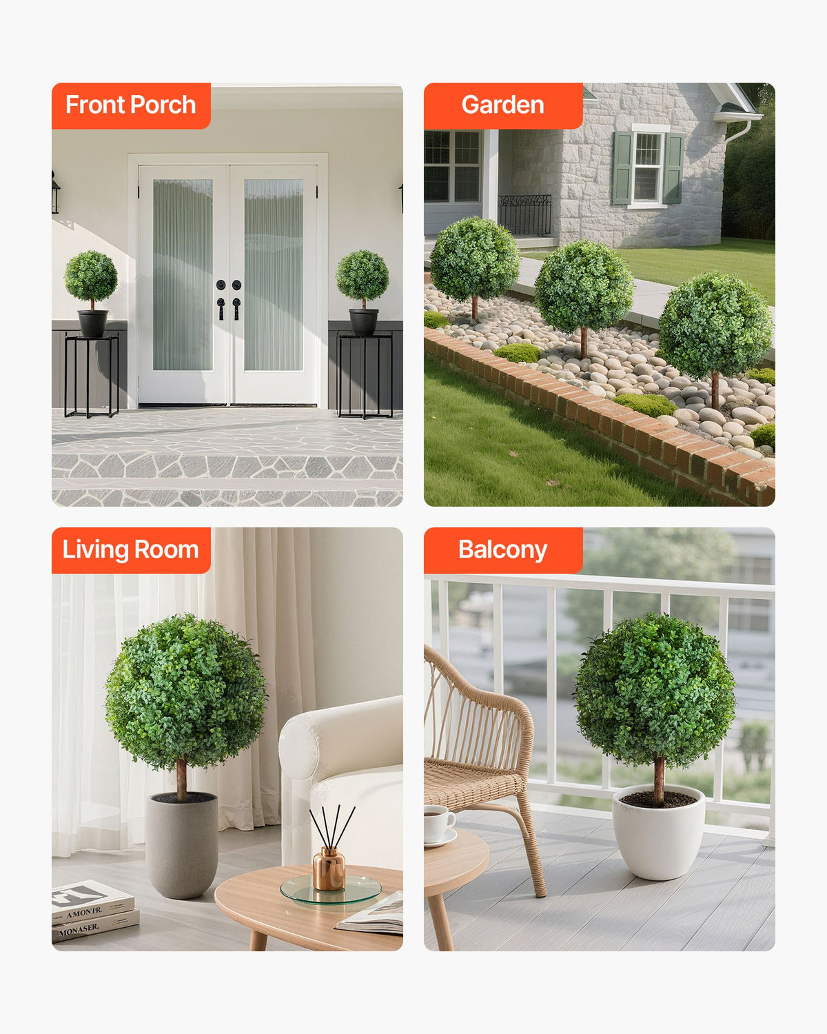 VEVOR Artificial Topiary Boxwood Trees with Ground Spike, 2 Set 686mm Faux Shrubs & Bushes Potted Plants, Fake Silk Tree Look Real for Decor Front Porch Outdoor Indoor Patio Garden Balcony Backyard