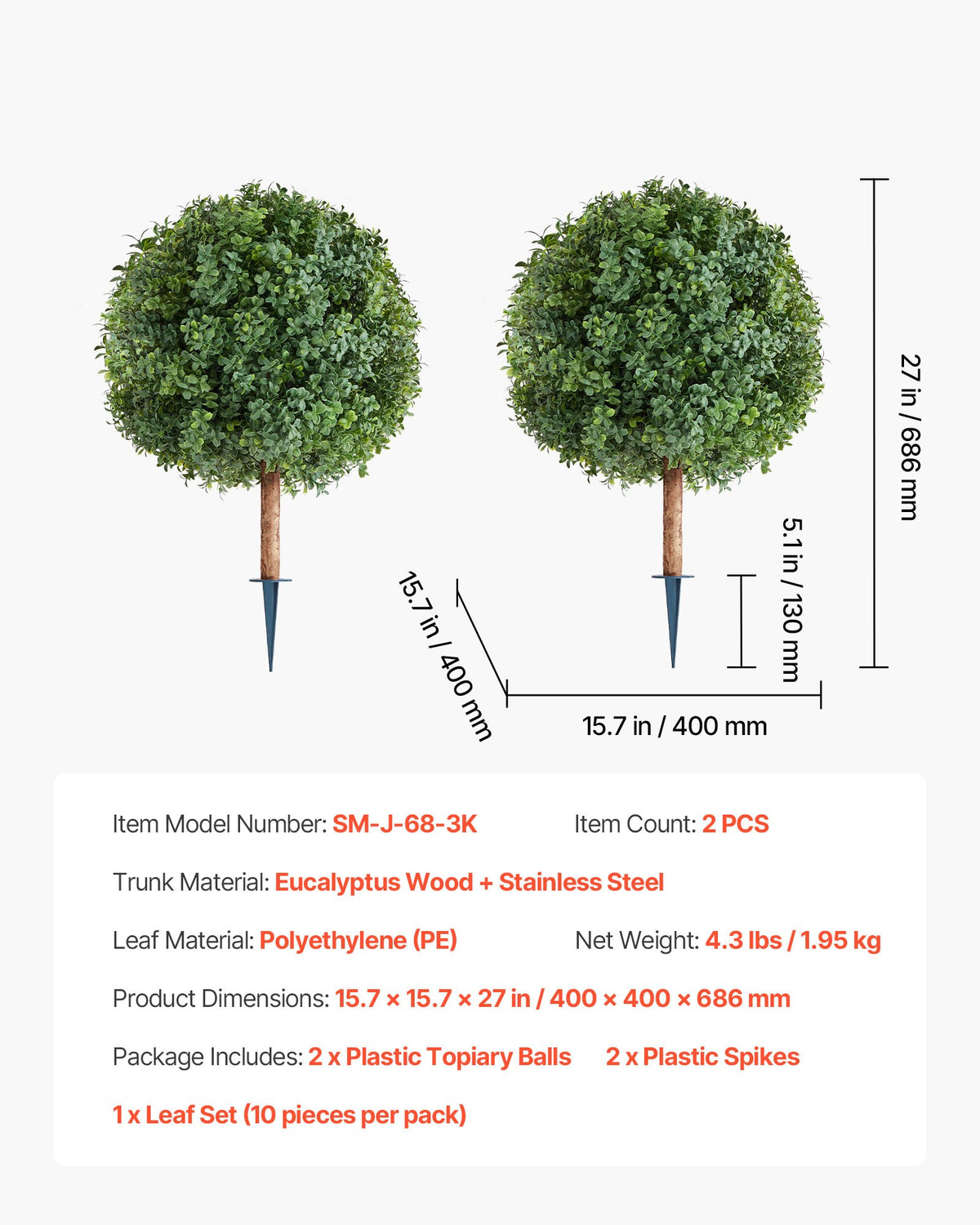 VEVOR Artificial Topiary Boxwood Trees with Ground Spike, 2 Set 686mm Faux Shrubs & Bushes Potted Plants, Fake Silk Tree Look Real for Decor Front Porch Outdoor Indoor Patio Garden Balcony Backyard
