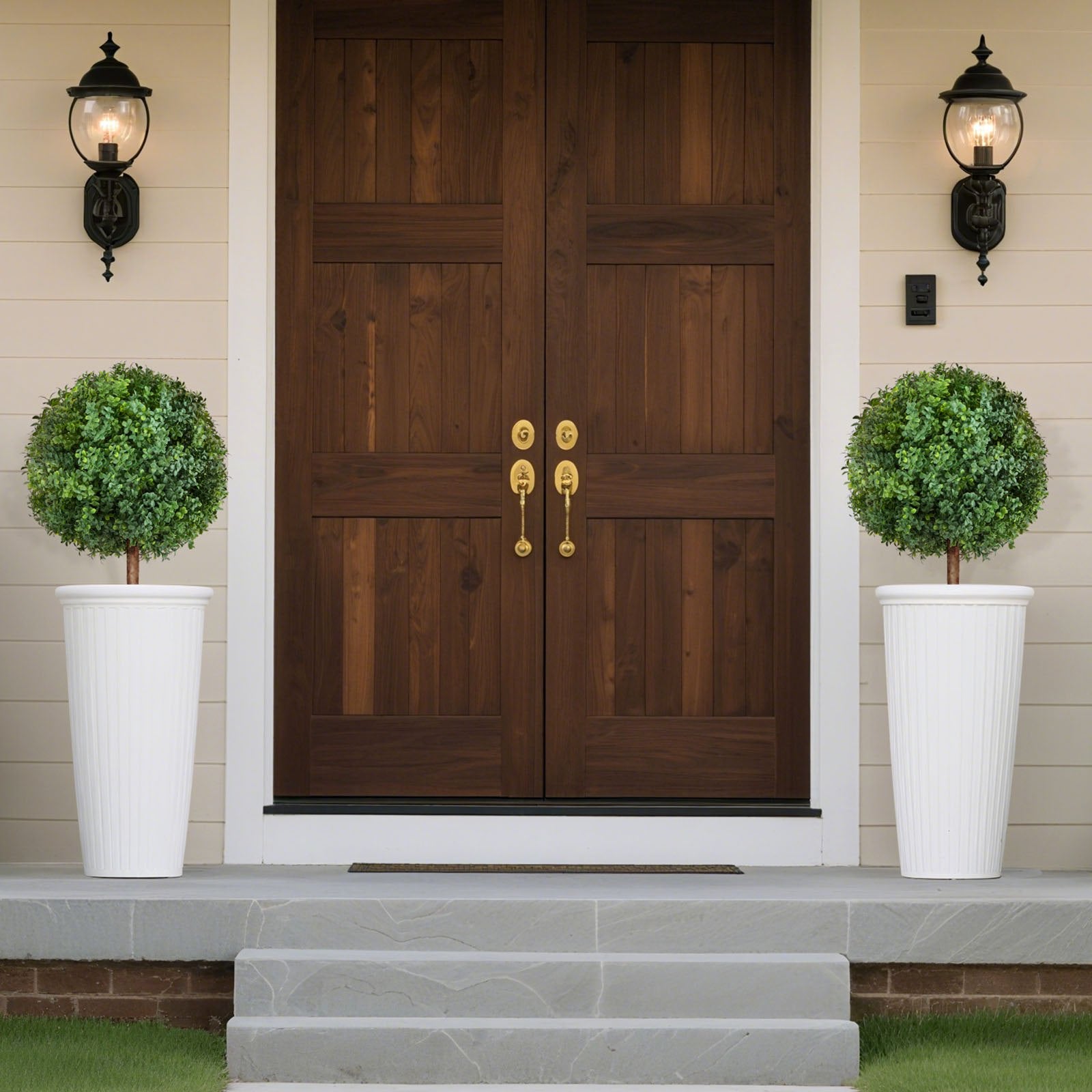 VEVOR Artificial Topiary Boxwood Trees with Ground Spike, 2 Set 686mm Faux Shrubs & Bushes Potted Plants, Fake Silk Tree Look Real for Decor Front Porch Outdoor Indoor Patio Garden Balcony Backyard