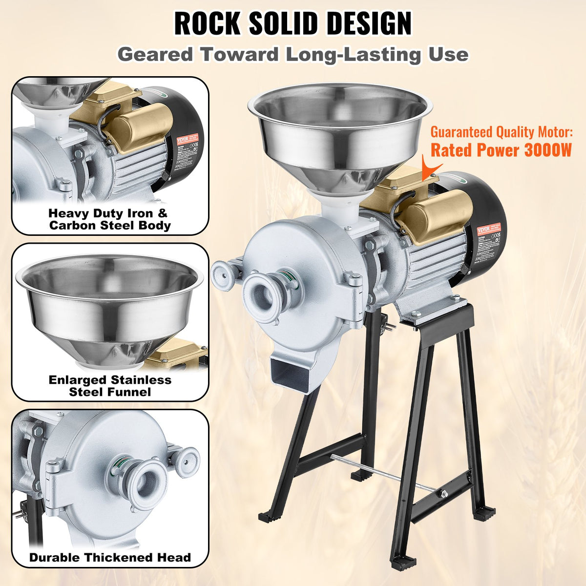 VEVOR 3000W Electric Grain Grinder Corn Wheat Flour Cereal Mill Wet & Dry