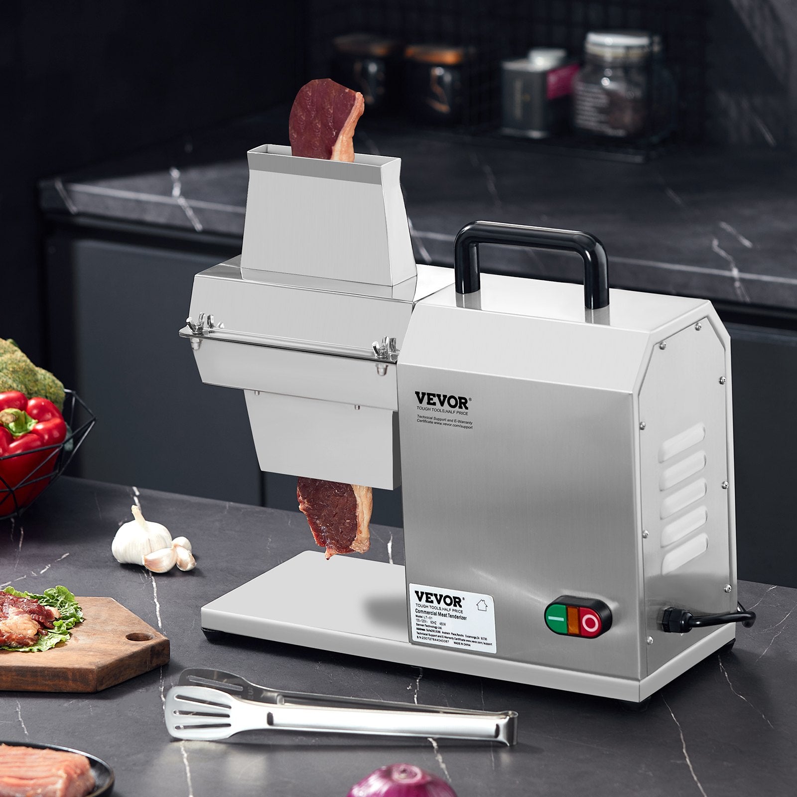 VEVOR Commercial Meat Tenderizer, Heavy Duty Stainless Steel Kitchen Tool with Handle, Meat Tong, and Cleaning Brush, 450W Electric Meat Tenderizer Machine for Beef, Turkey, Chicken, Pork, and Fish