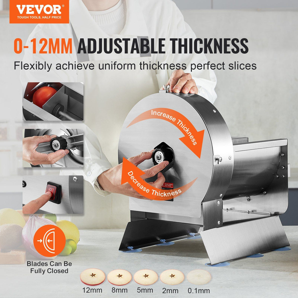 Electric Vegetable Slicer, 0-0.5"/0-12mm Thickness Adjustable Commercial Slicer Machine, Convertible to Manual, Stainless Steel Food Cutter Slicing Machine, for Potato, Lemon, Tomato, Apple