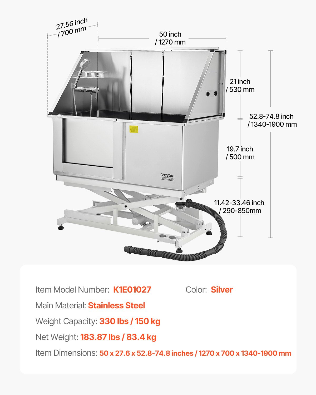 VEVOR 127 cm Electric Dog Grooming Bath Tub Stainless Steel w Water Filter Left