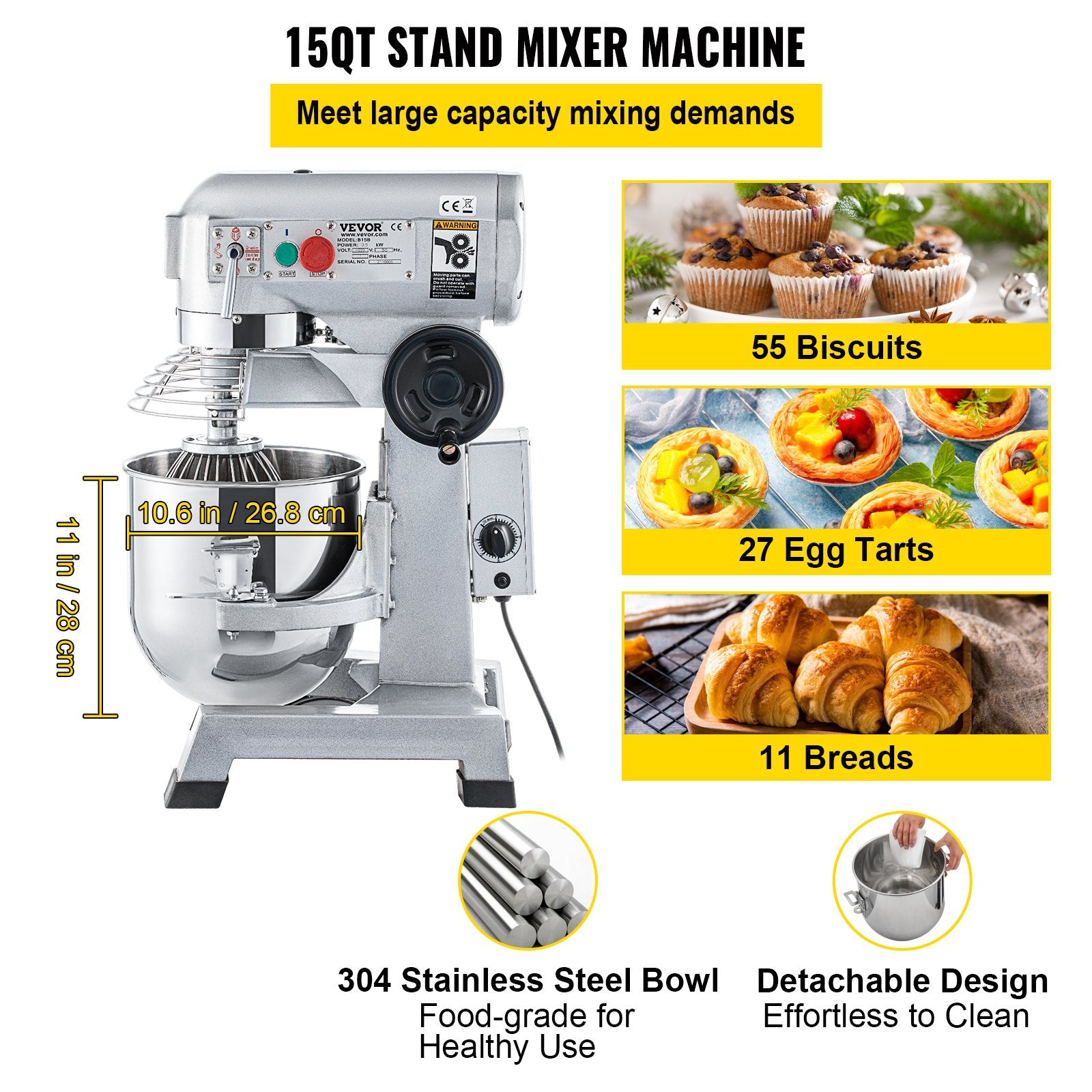 VEVOR Commercial Stand Mixer, 850W Heavy Duty Electric Food Mixer, 15Qt Stainless Steel Bowl with 3 Speeds Adjustable 113/184/341 RPM, Dough Hook Whisk Beater Included, Perfect for Bakery Pizzeria
