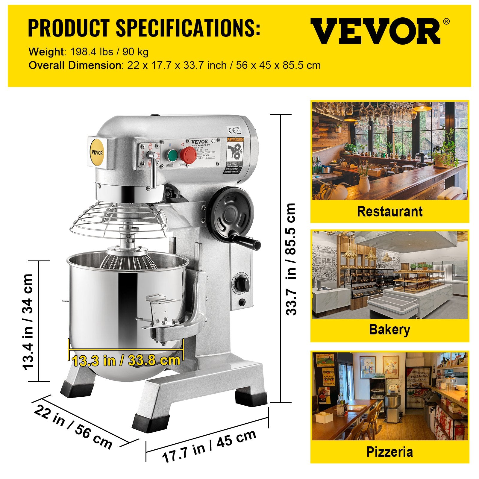 VEVOR Commercial Food Mixer 30Qt, Food Mixer Commercial with Timing Function, 1100W Stainless Steel Bowl Heavy Duty Electric Commercial Mixer with 3 Speeds Adjustable 108/199/382 RPM, Dough Hook Whisk