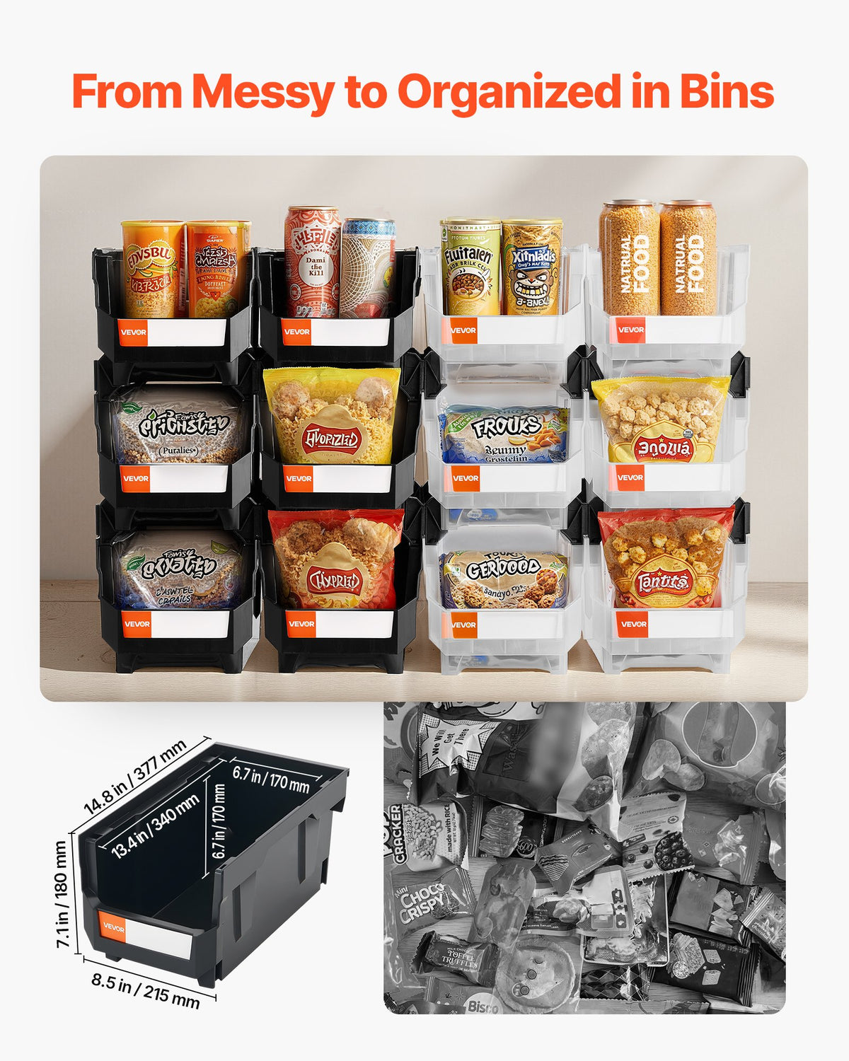 VEVOR Plastic Stackable Storage Bins, 37.7 x 21.5 x 18 cm (12 Pack), Plastic Containers for Organizing & Storage Bins for Garage, Small Parts, Office Supplies, Other Accessories, Black & Transparent