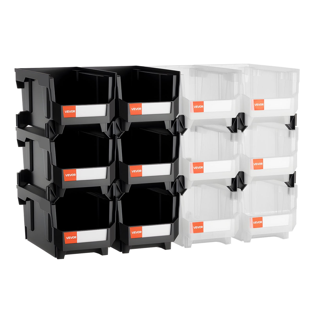 VEVOR Plastic Stackable Storage Bins, 37.7 x 21.5 x 18 cm (12 Pack), Plastic Containers for Organizing & Storage Bins for Garage, Small Parts, Office Supplies, Other Accessories, Black & Transparent