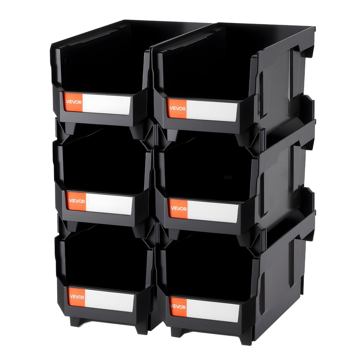 VEVOR Plastic Stackable Storage Bins, 37.7 x 21.5 x 18 cm (6 Pack), Plastic Containers for Organizing and Storage Bins for Closet, Garage, Small Parts, Office Supplies and Other Accessories, Black