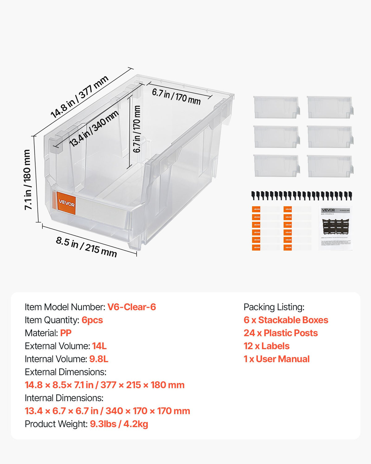VEVOR Plastic Stackable Storage Bins, 37.7 x 21.5 x 18 cm (6 Pack), Plastic Containers for Organizing & Storage Bins for Closet, Garage, Small Parts, Office Supplies, Other Accessories, Transparent