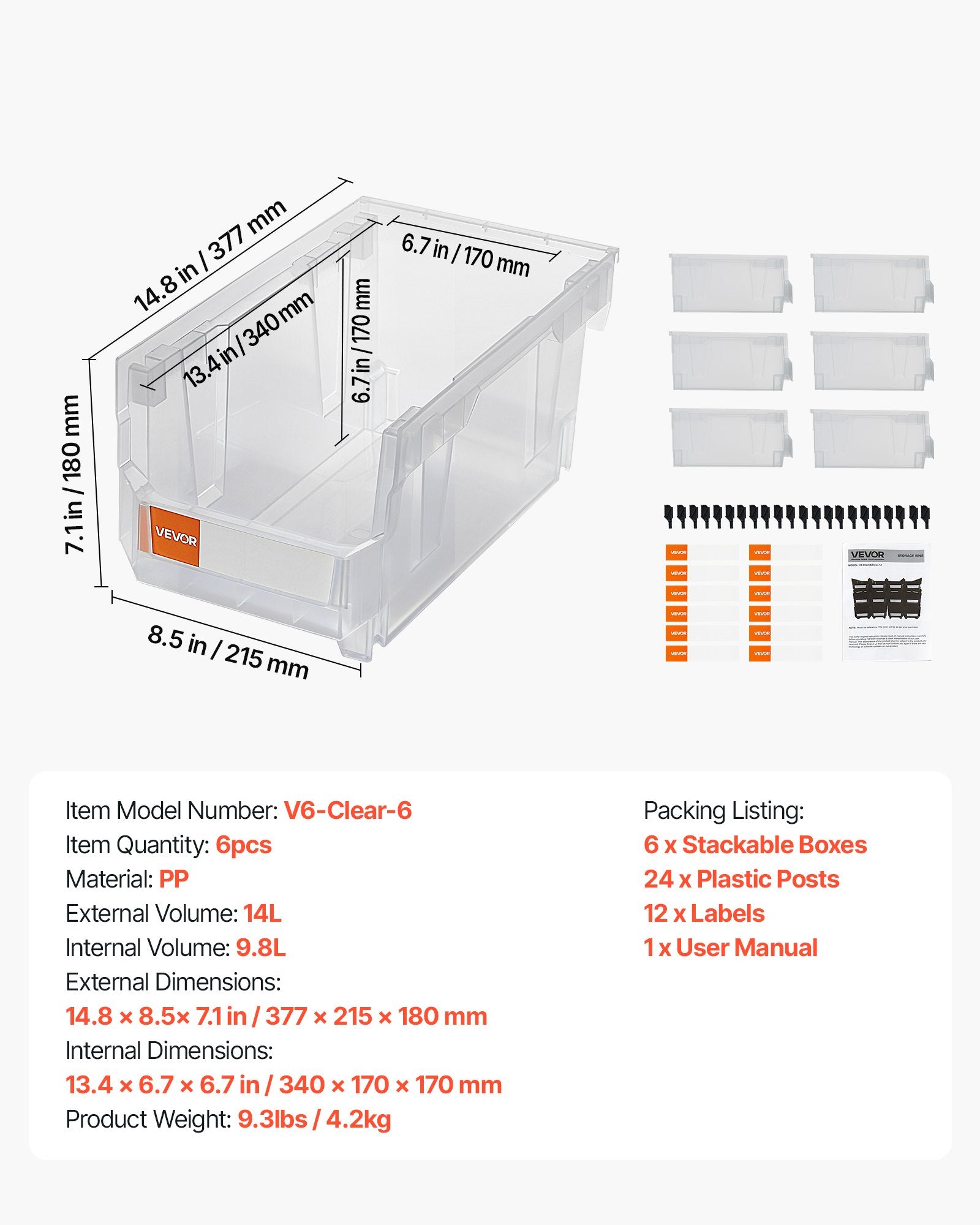 VEVOR Plastic Stackable Storage Bins, 37.7 x 21.5 x 18 cm (6 Pack), Plastic Containers for Organizing & Storage Bins for Closet, Garage, Small Parts, Office Supplies, Other Accessories, Transparent