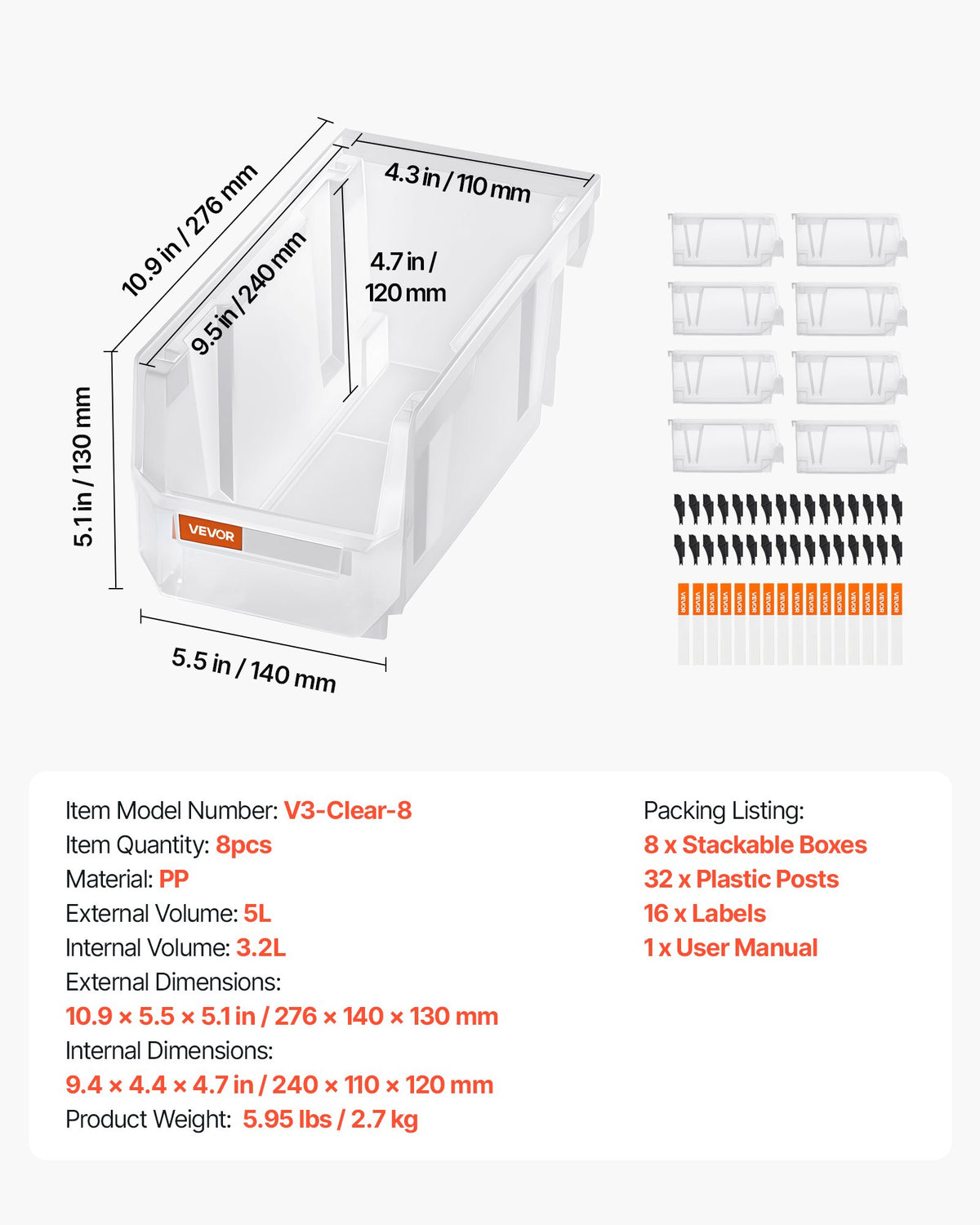 VEVOR Plastic Stackable Storage Bins, 27.6 x 14 x 13 cm (8 Pack), Plastic Containers for Organizing & Storage Bins for Closet, Garage, Small Parts, Office Supplies, Other Accessories, Transparent