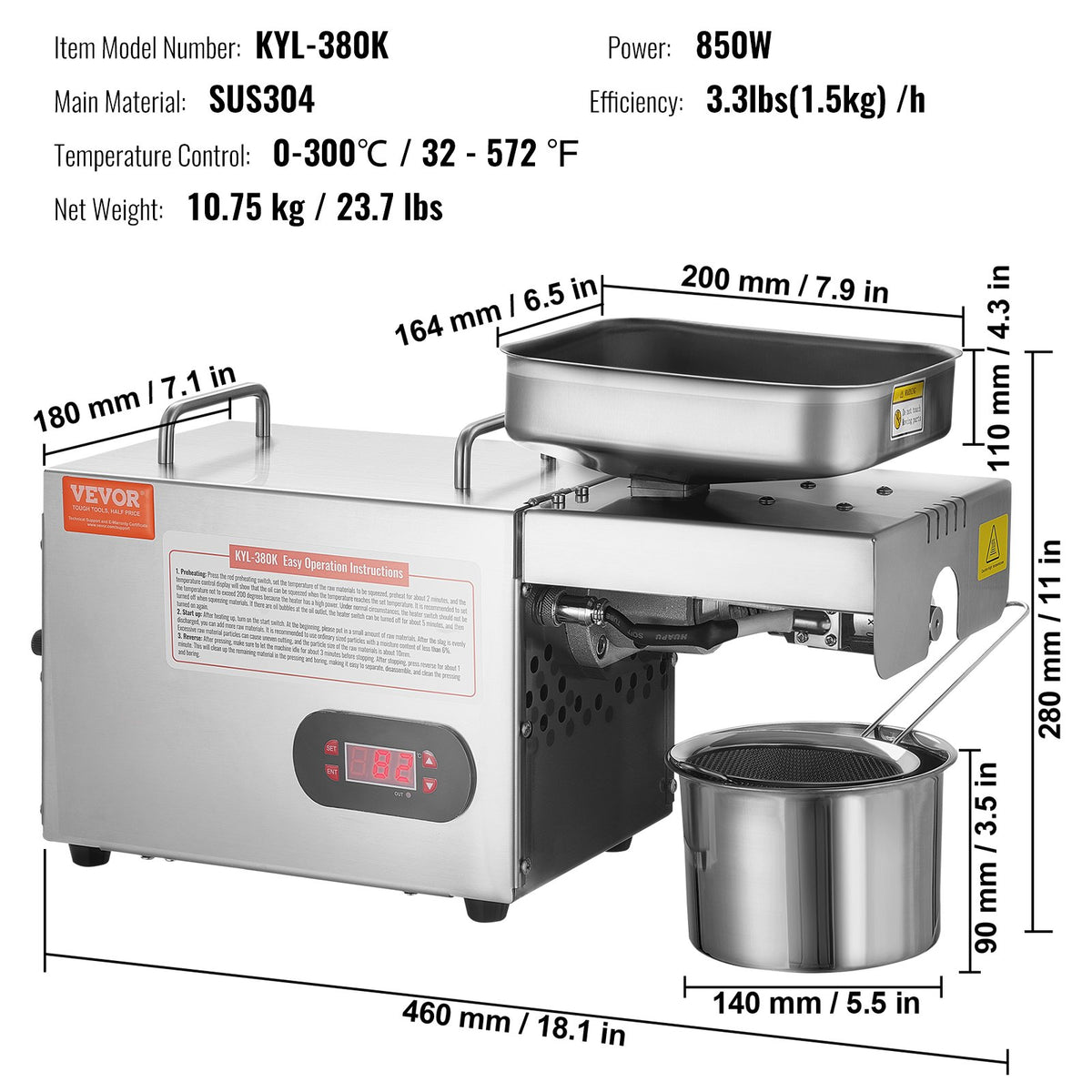 VEVOR Electric Oil Press Machine, 850W Stainless Steel Oil Extractor Machine, Adjustable Temperature, Hot Press Oil Expeller for Pressing Peanuts, Sesame Seeds, Rapeseed, Tea Seeds