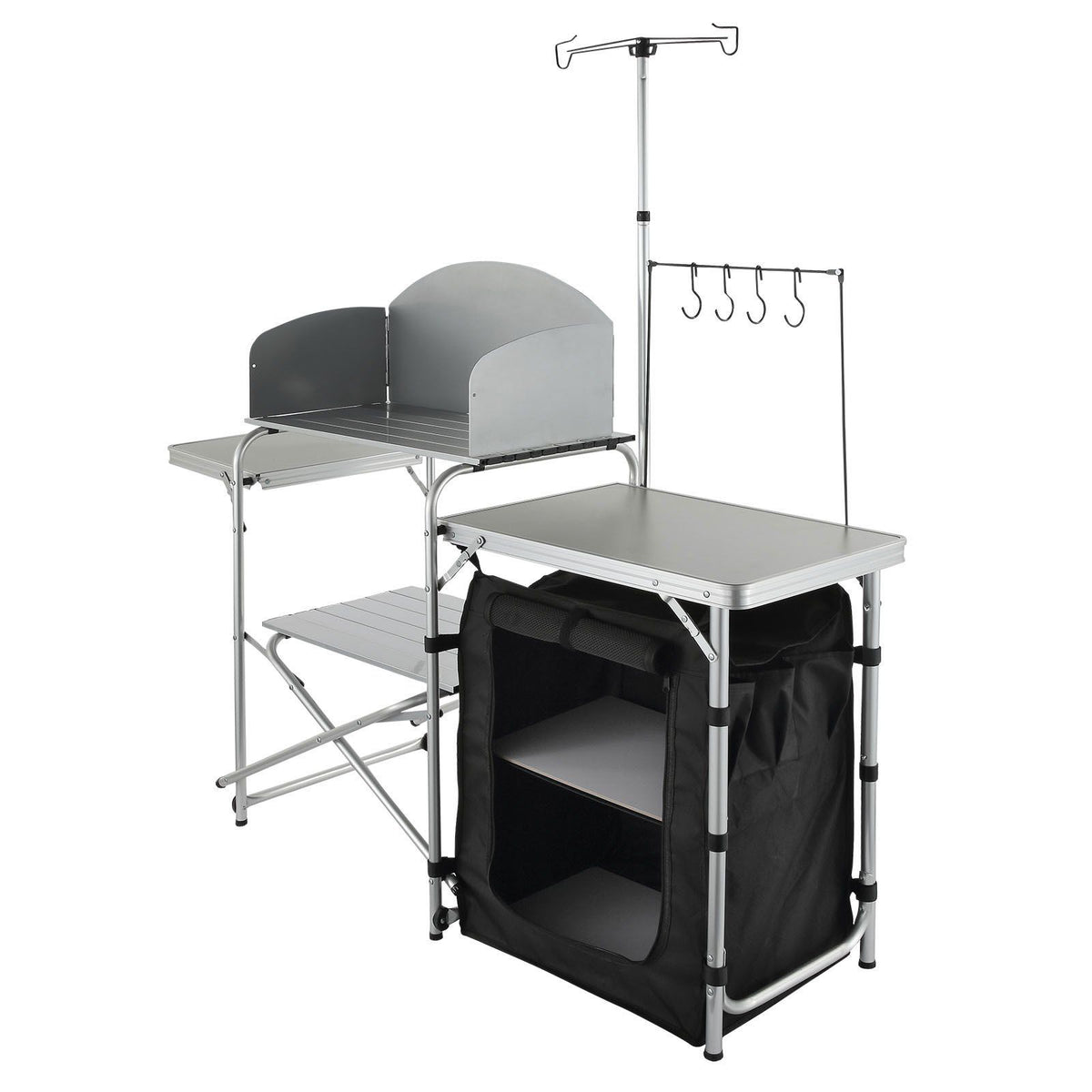 Camping Kitchen Table, Folding Outdoor Cooking Table with Storage Carrying Bag, Aluminum Cook Station 1 Cupboard &amp; Detachable Windscreen, Quick Set-up for Picnics, BBQ, RV Traveling, Black