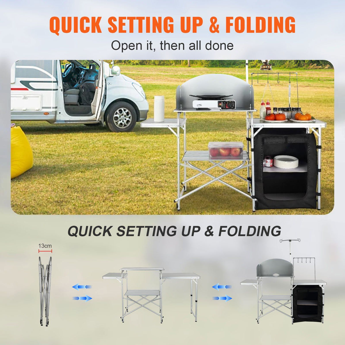 Camping Kitchen Table, Folding Outdoor Cooking Table with Storage Carrying Bag, Aluminum Cook Station 1 Cupboard & Detachable Windscreen, Quick Set-up for Picnics, BBQ, RV Traveling, Black
