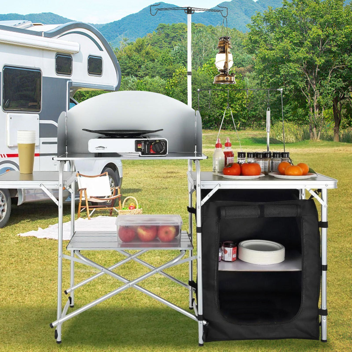 Camping Kitchen Table, Folding Outdoor Cooking Table with Storage Carrying Bag, Aluminum Cook Station 1 Cupboard & Detachable Windscreen, Quick Set-up for Picnics, BBQ, RV Traveling, Black