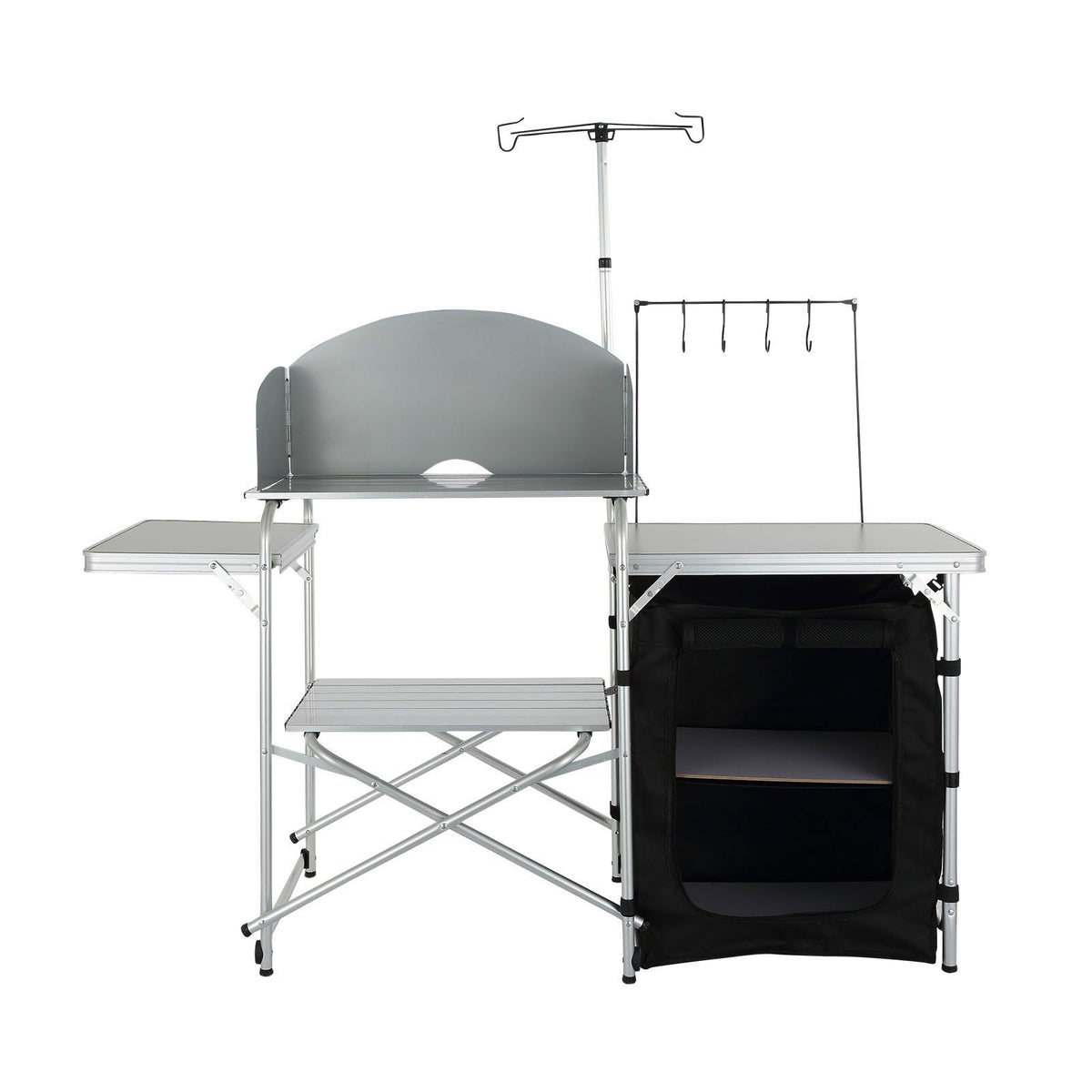 Camping Kitchen Table, Folding Outdoor Cooking Table with Storage Carrying Bag, Aluminum Cook Station 1 Cupboard & Detachable Windscreen, Quick Set-up for Picnics, BBQ, RV Traveling, Black