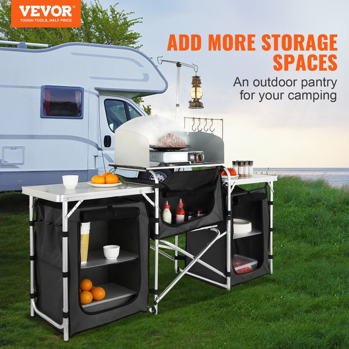 VEVOR Camping Kitchen Table, Folding Outdoor Cooking Table with Storage Carrying Bag, Aluminum Cook Station 3 Cupboard & Detachable Windscreen, Quick Set-up for Picnics, BBQ, RV Traveling, Black