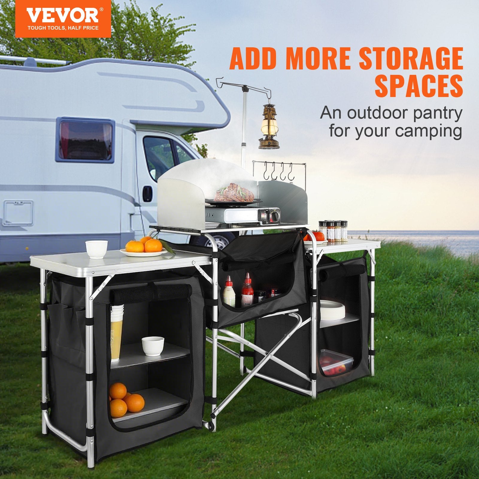 VEVOR Camping Kitchen Table, Folding Outdoor Cooking Table with Storage Carrying Bag, Aluminum Cook Station 3 Cupboard & Detachable Windscreen, Quick Set-up for Picnics, BBQ, RV Traveling, Black