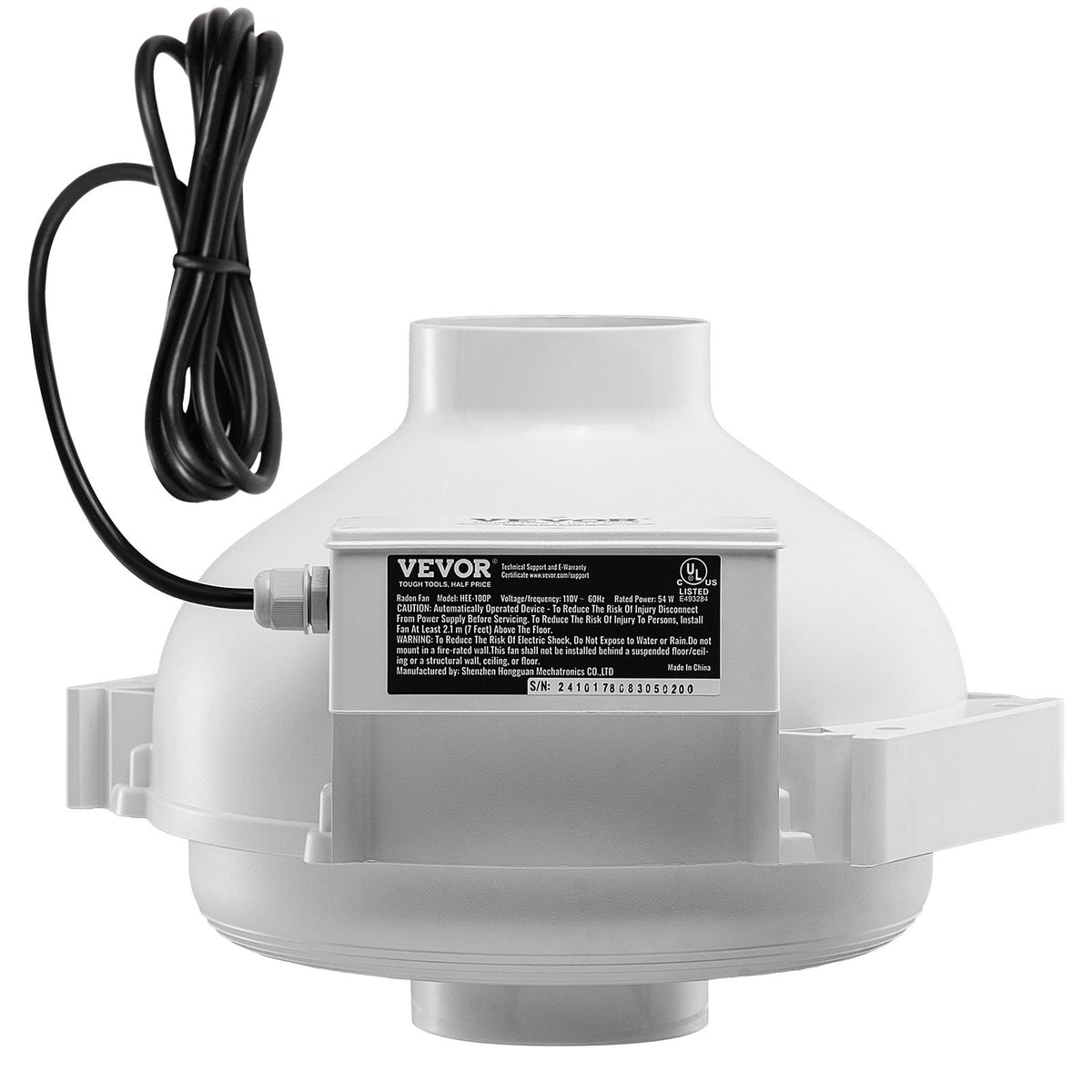 VEVOR 4" to 3.5" Radon Mitigation Fan System Kit Quiet 260 CFM Inline Duct Fan