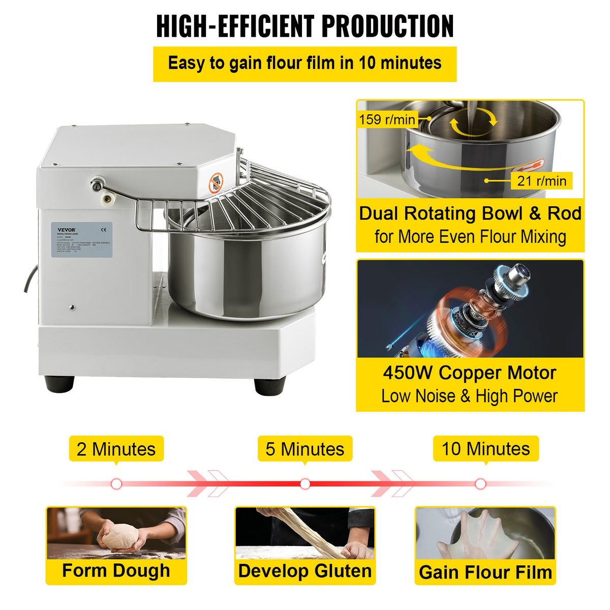 VEVOR Commercial Dough Food Mixer, 8L Large Capacity Stainless Steel Mixer with Bowel, Hook, Shield, Reset Button, 450W Tilt-Head Kitchen Dough Mixers for Cake, Cream, Egg Fluid, Fillings