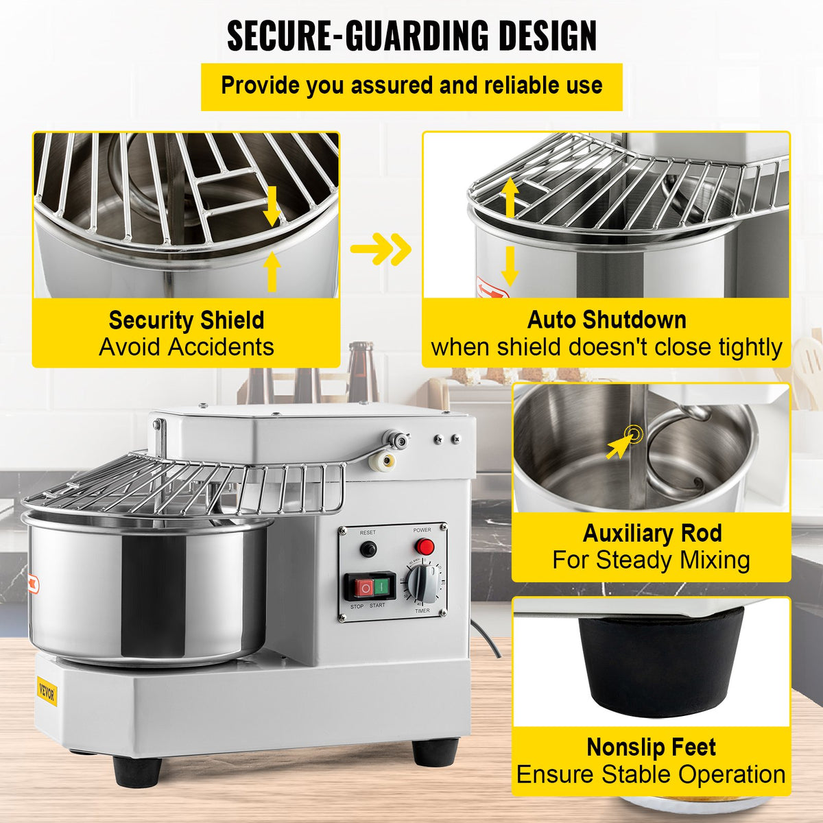 VEVOR Commercial Dough Food Mixer, 8L Large Capacity Stainless Steel Mixer with Bowel, Hook, Shield, Reset Button, 450W Tilt-Head Kitchen Dough Mixers for Cake, Cream, Egg Fluid, Fillings