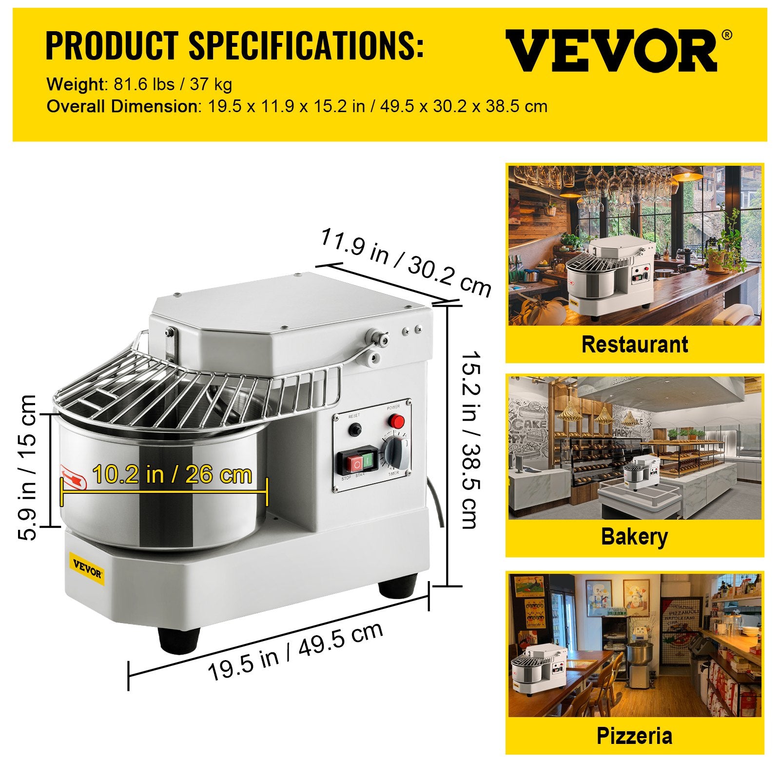 VEVOR Commercial Dough Food Mixer, 8L Large Capacity Stainless Steel Mixer with Bowel, Hook, Shield, Reset Button, 450W Tilt-Head Kitchen Dough Mixers for Cake, Cream, Egg Fluid, Fillings